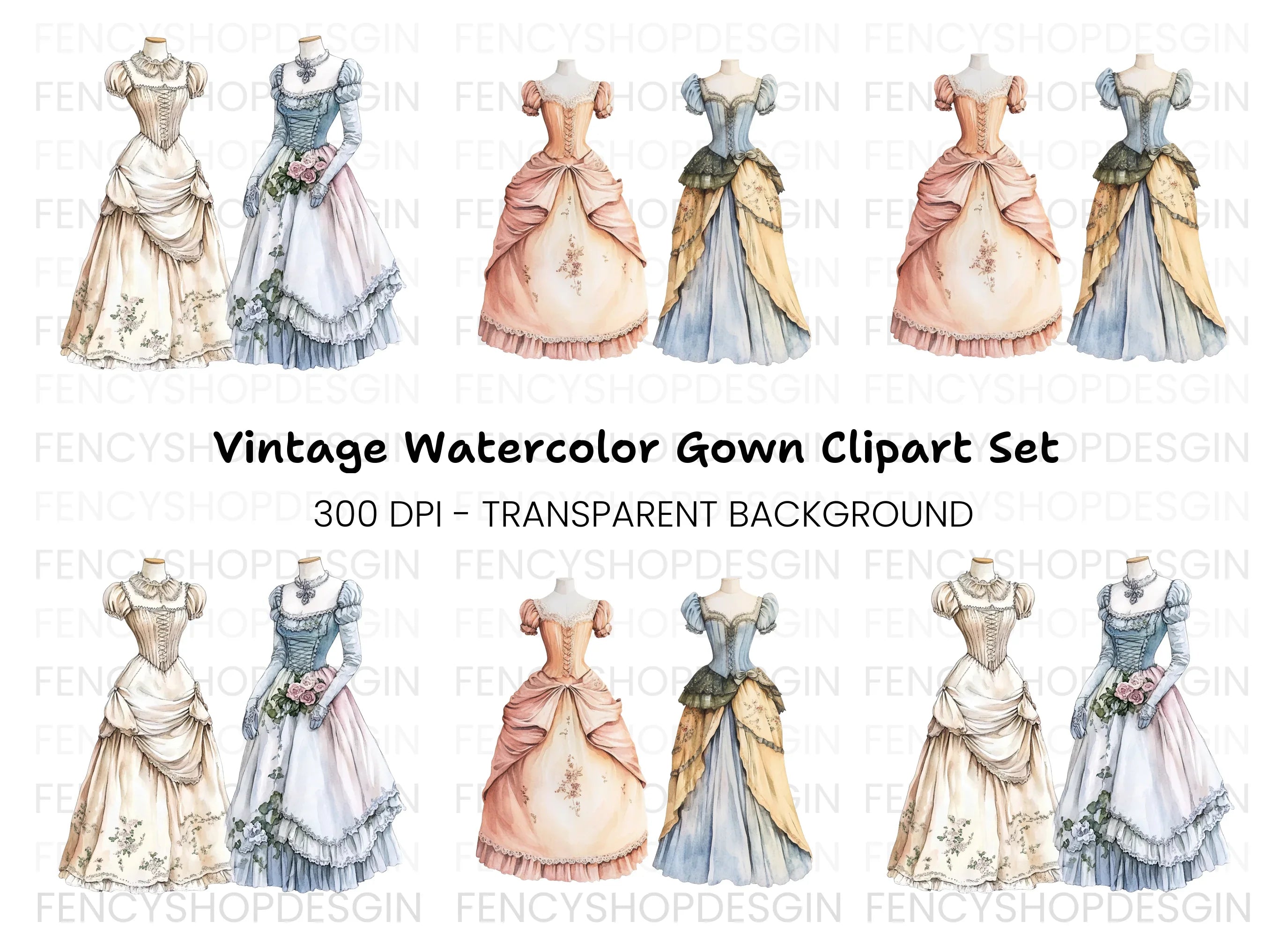 Colorful Victorian Era Dresses Clipart Bundle