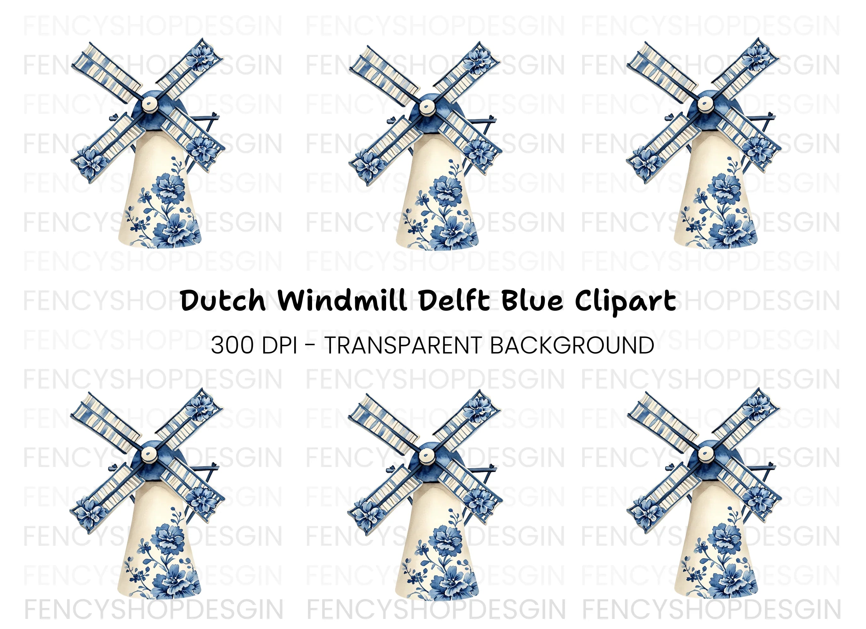 Dutch Windmill Blue Floral Clipart Bundle