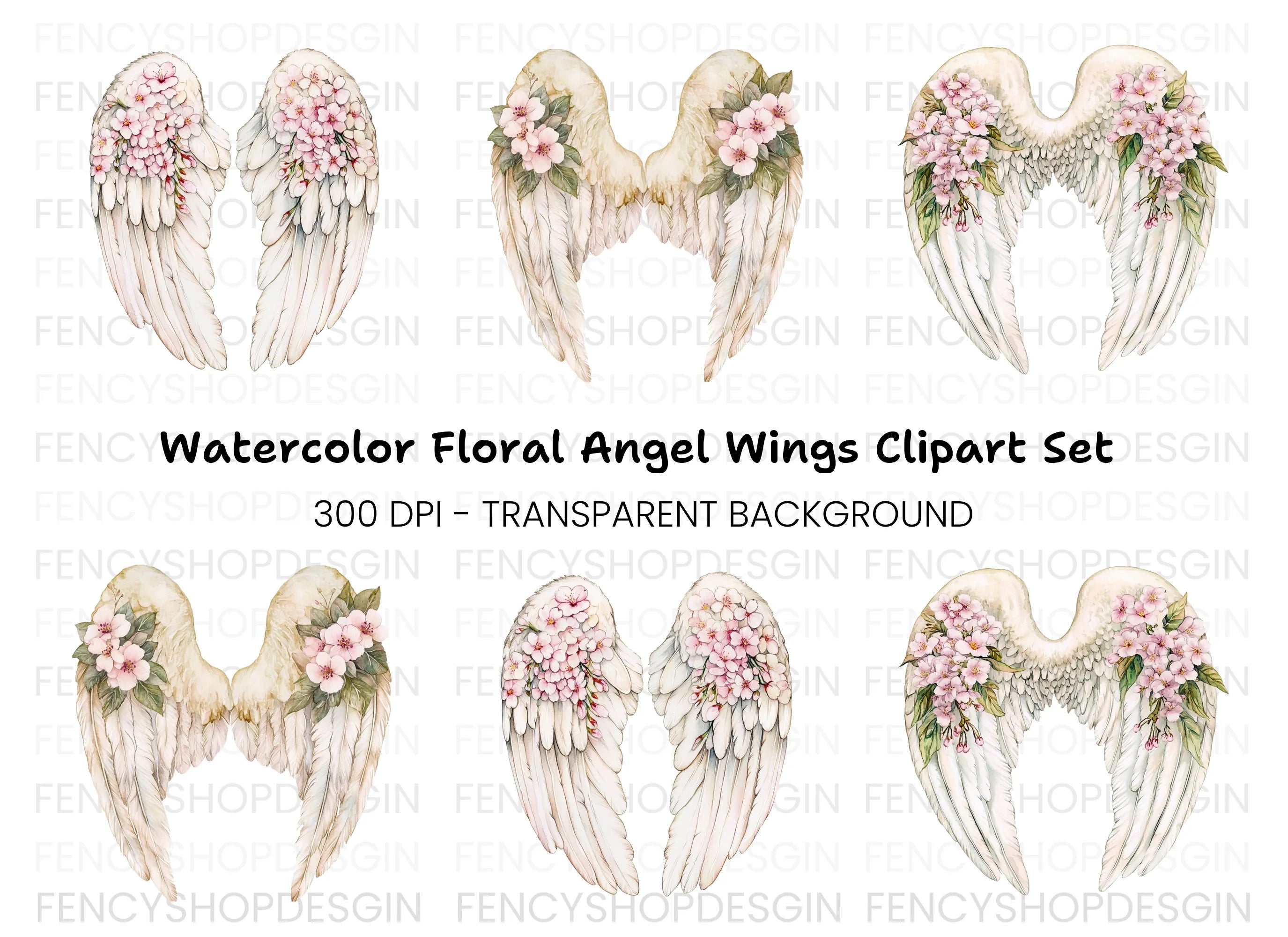 Angel Wings with Pink Flowers Clipart Bundle