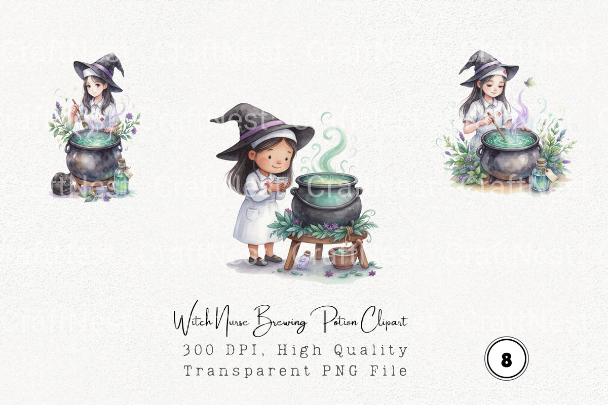 Witch Nurse Brewing Potion Clipart Bundle