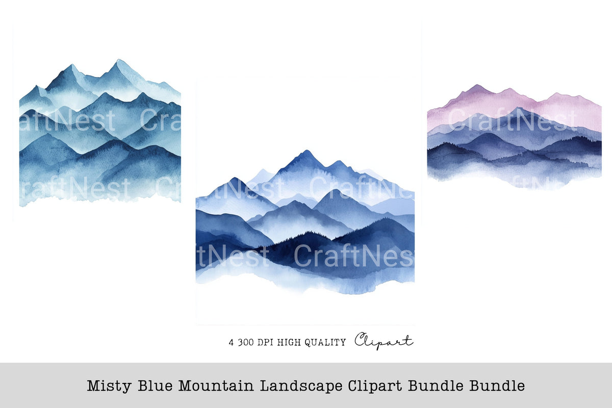 Misty Blue Mountain Landscape Clipart Bundle