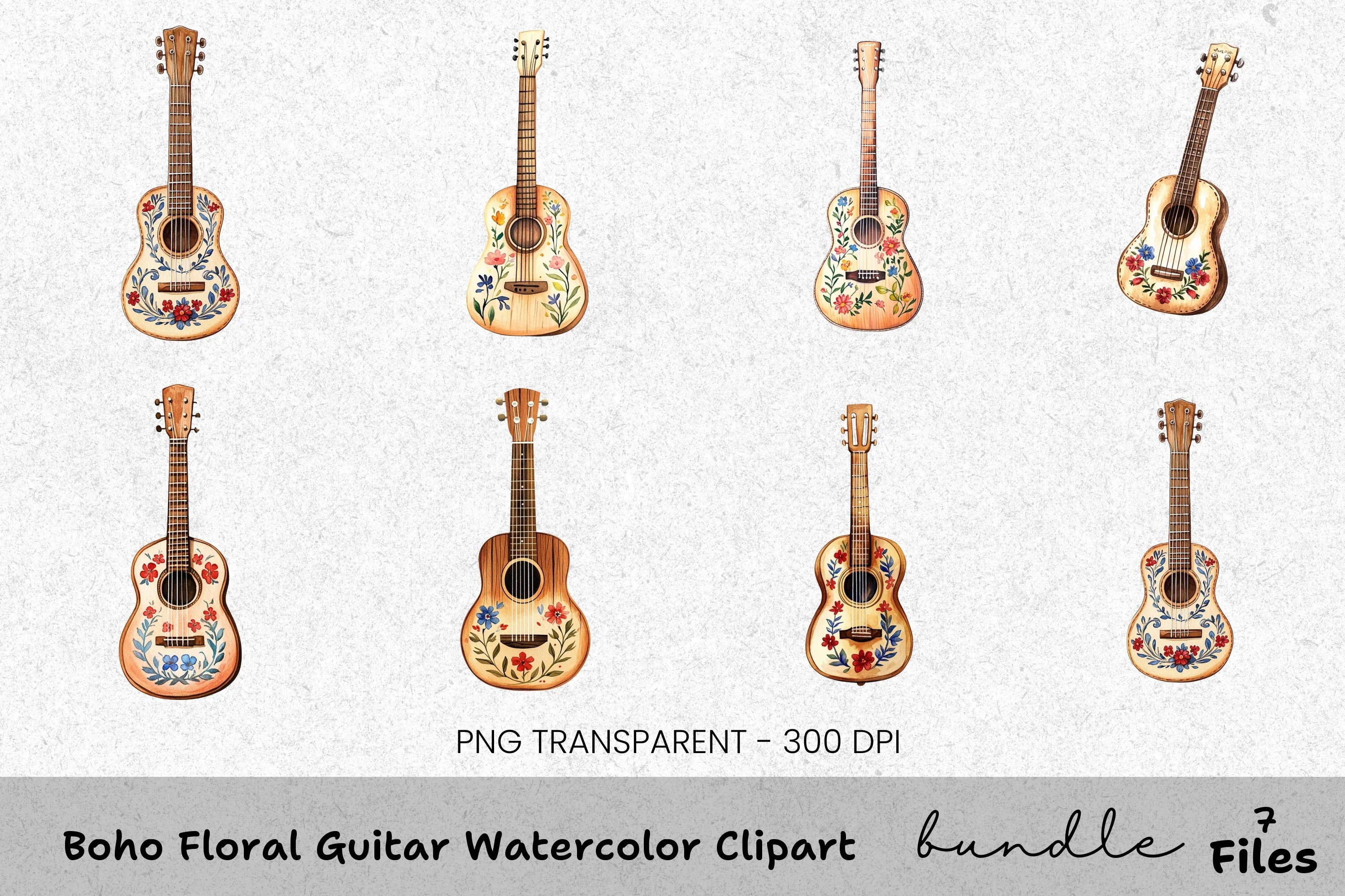 Boho Floral Guitar Clipart Bundle