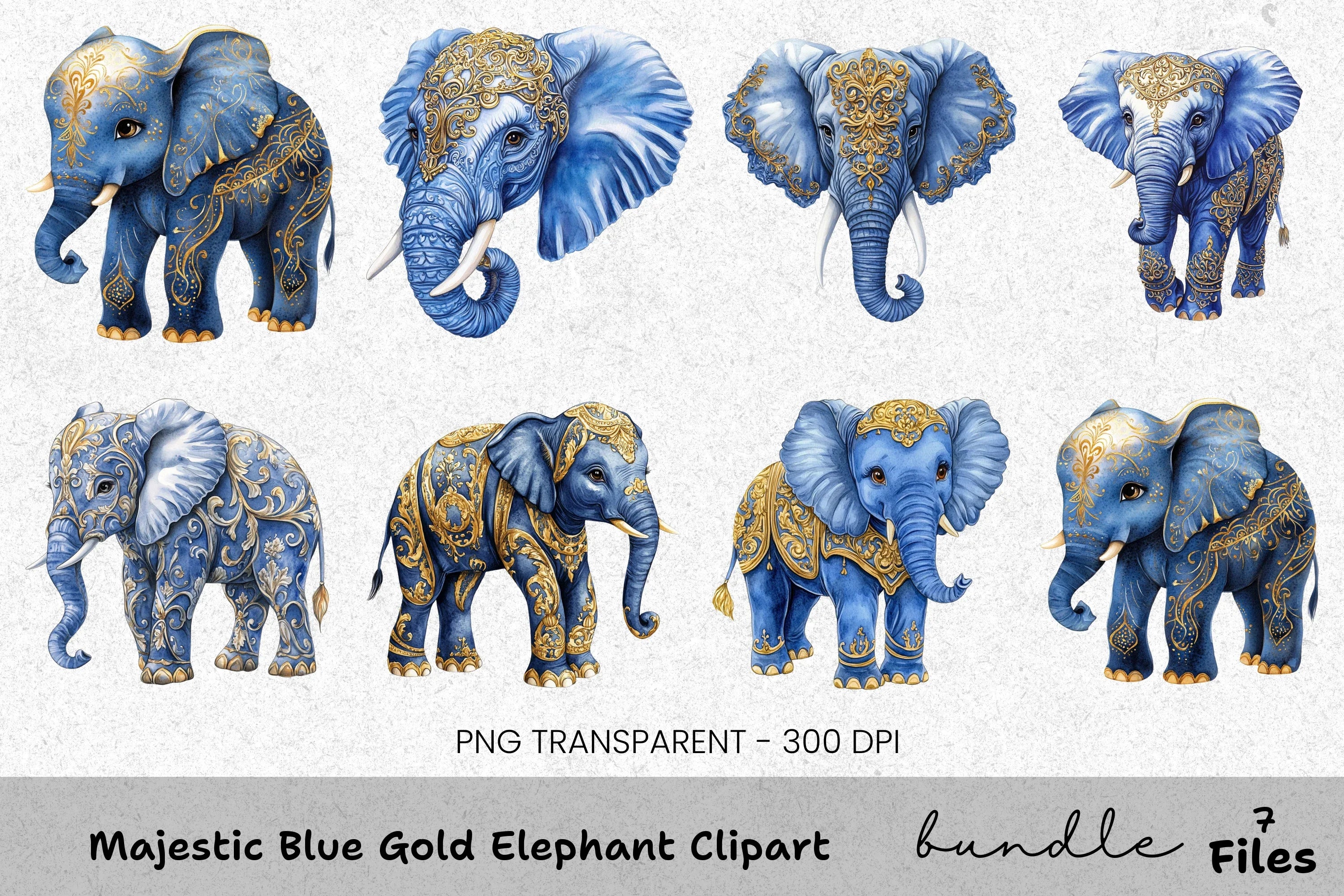 Majestic Blue Gold Elephant Clipart Bundle