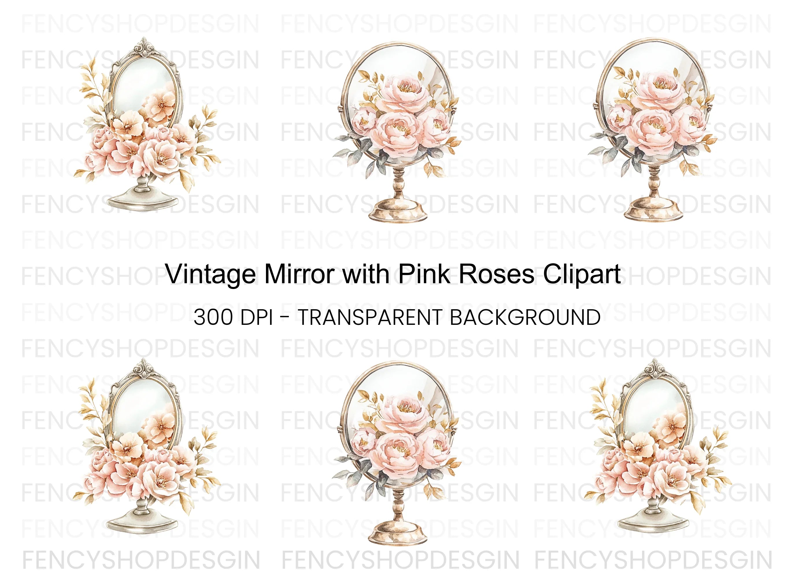 Vintage Mirror with Pink Roses Clipart Bundle