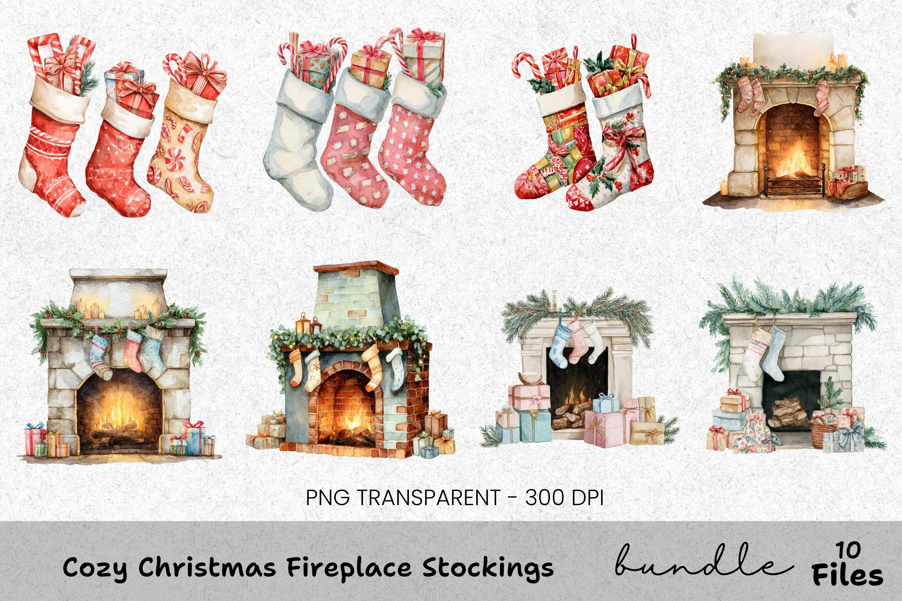 Christmas Fireplace and Stockings Clipart Bundle