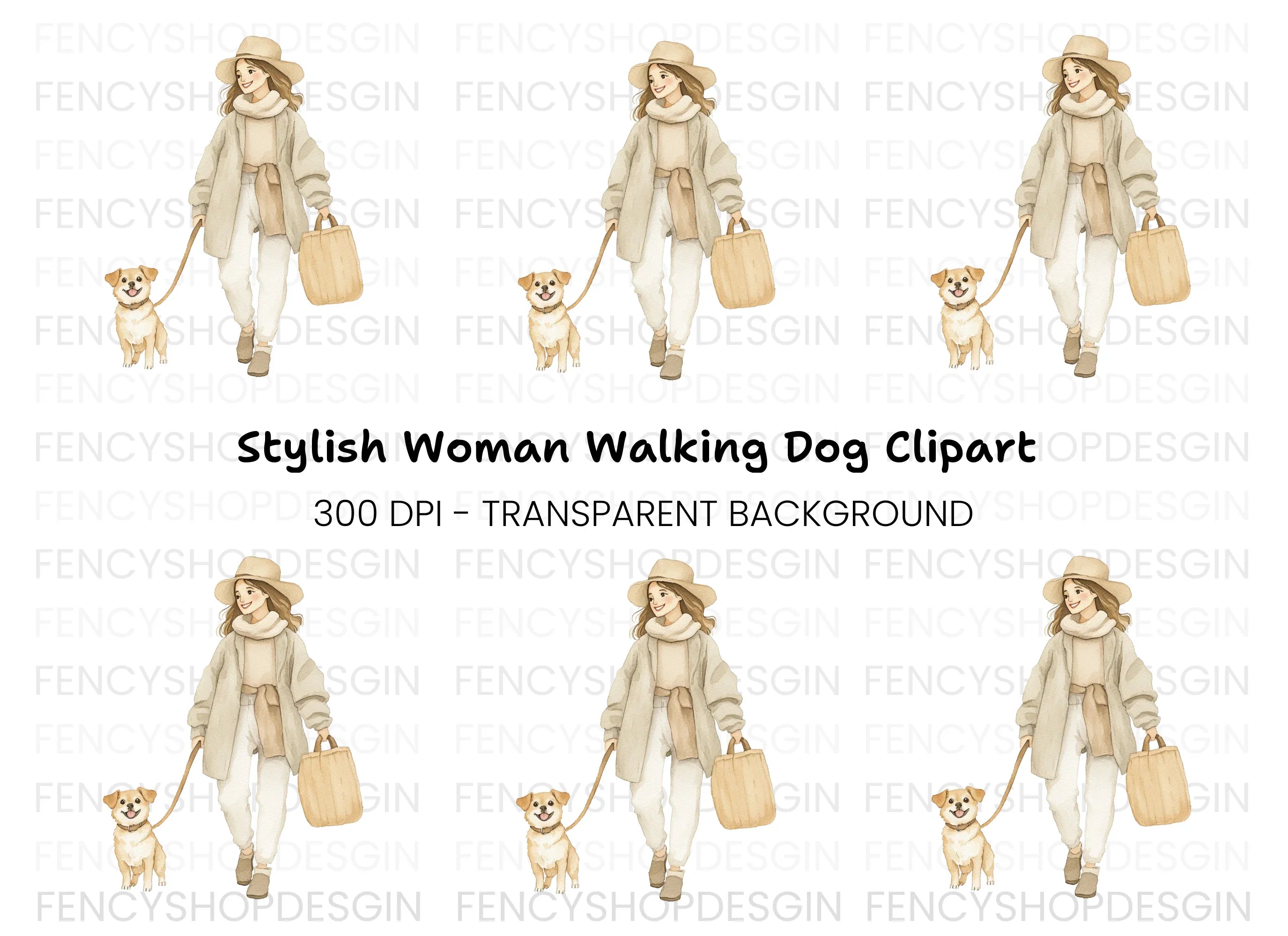 Woman Walking Dog Clipart Bundle