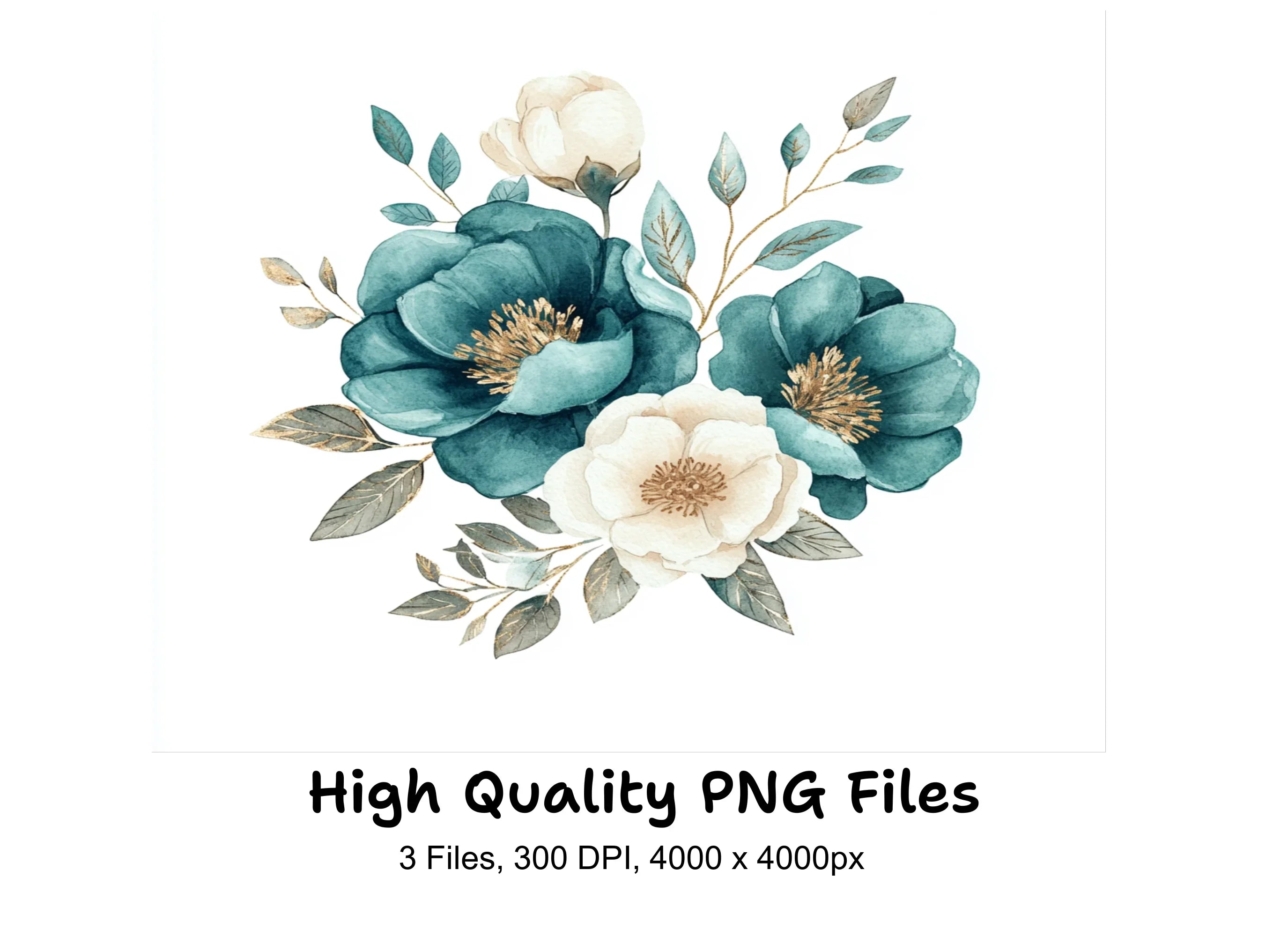 Elegant Teal Gold Floral Clipart Bundle