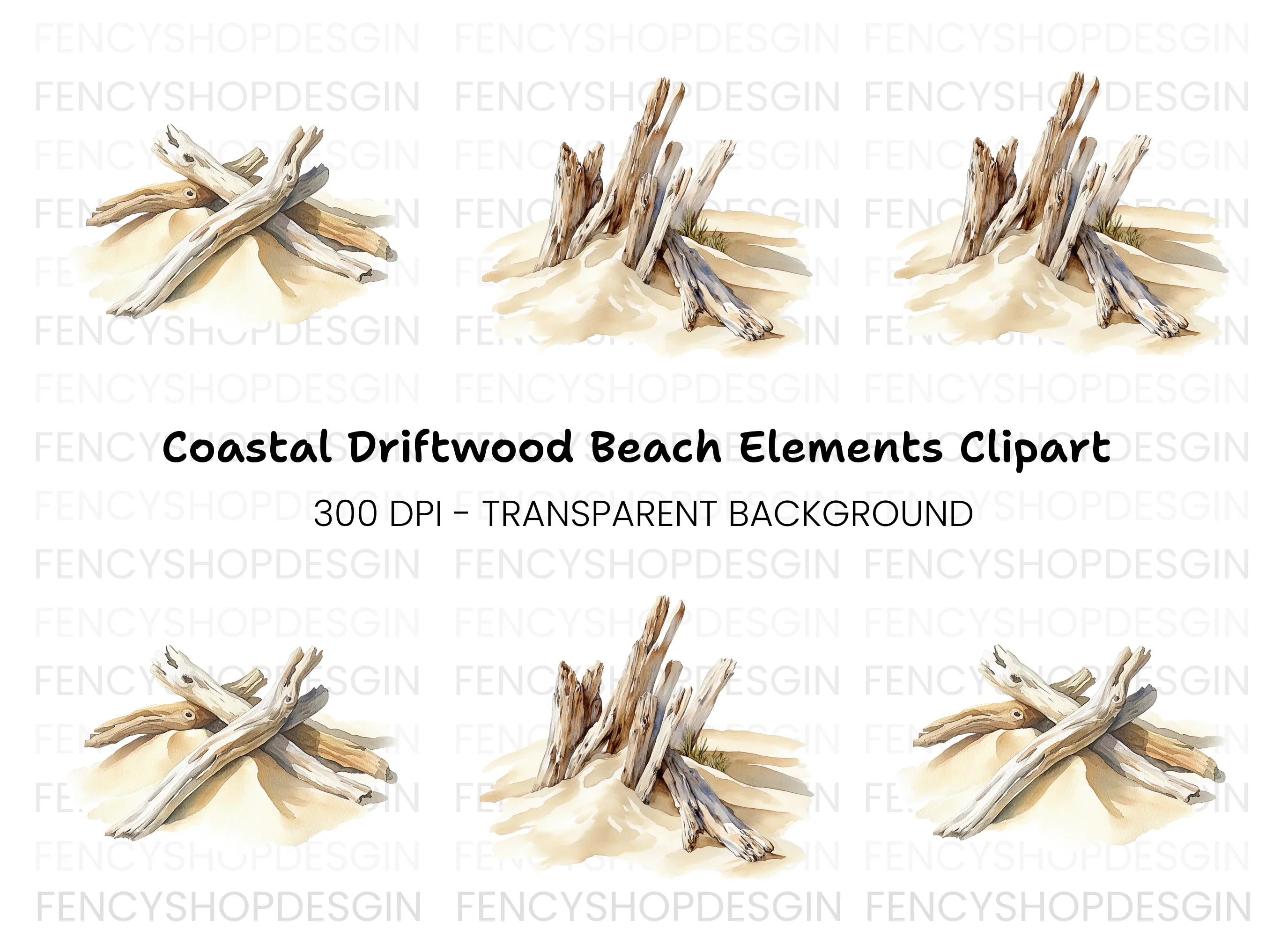 Driftwood Pile on Sand Clipart Bundle