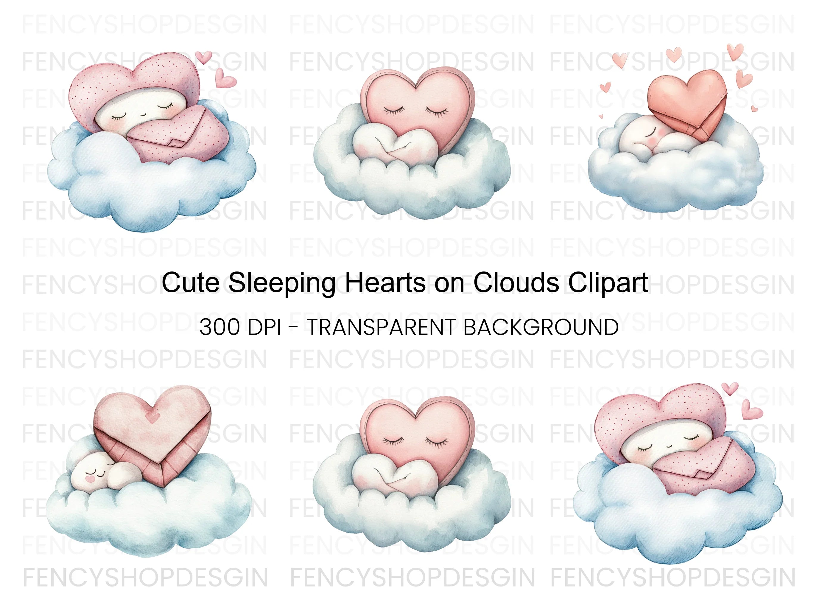 Sleeping Hearts on Clouds Clipart Bundle