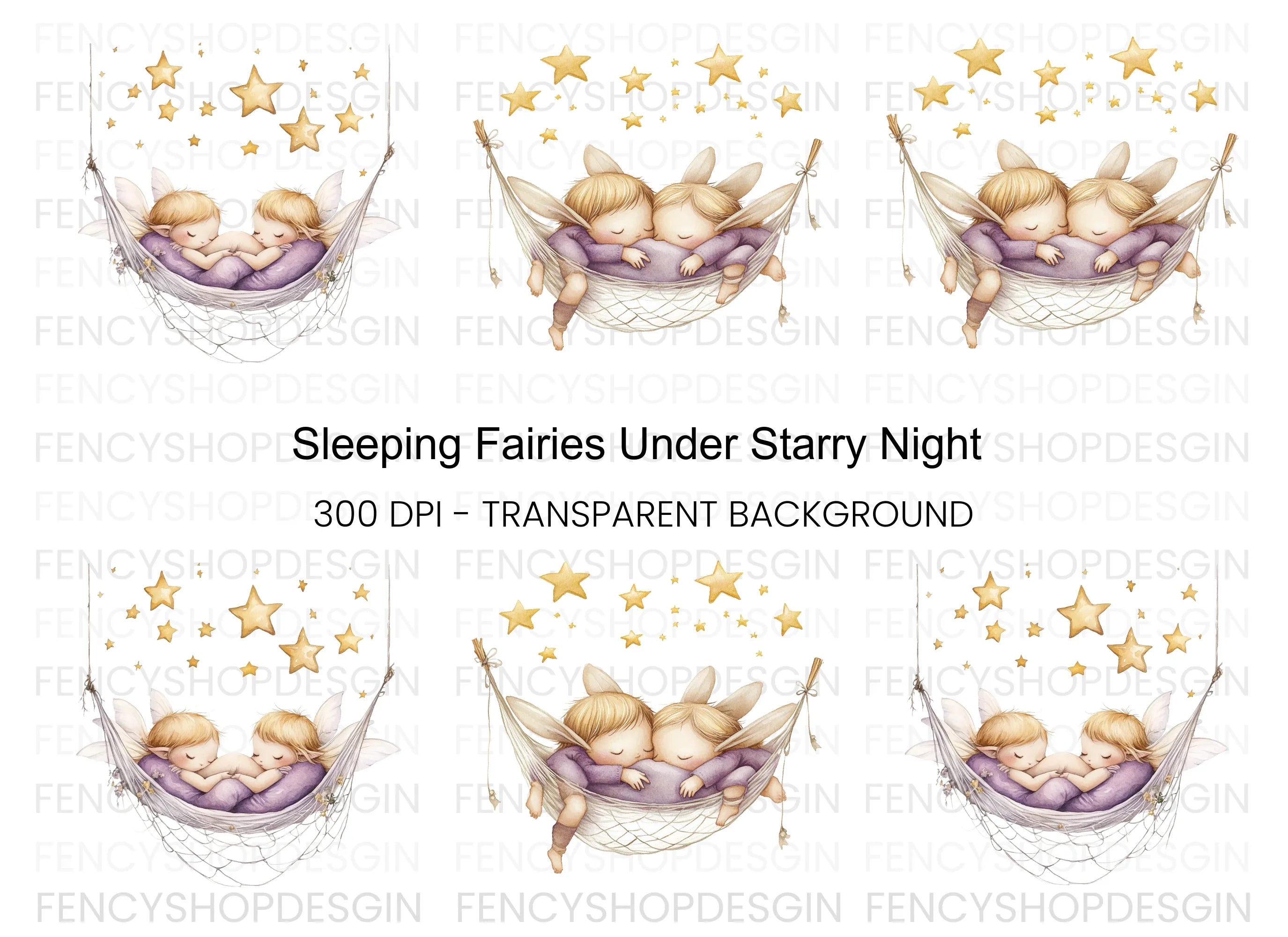 Sleeping Baby Fairies in Hammock Clipart Bundle