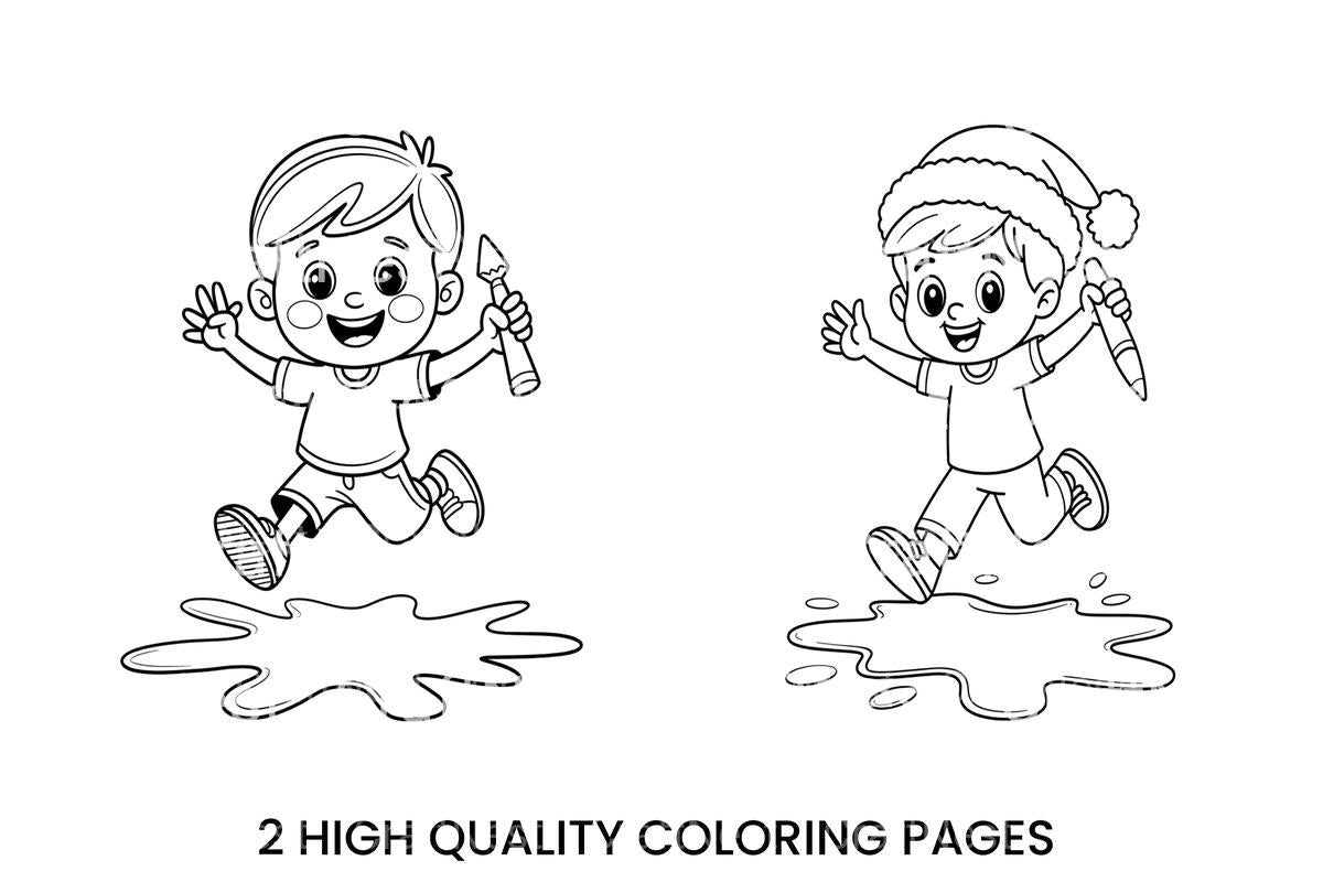 Boy Jumping in Puddle Coloring Books