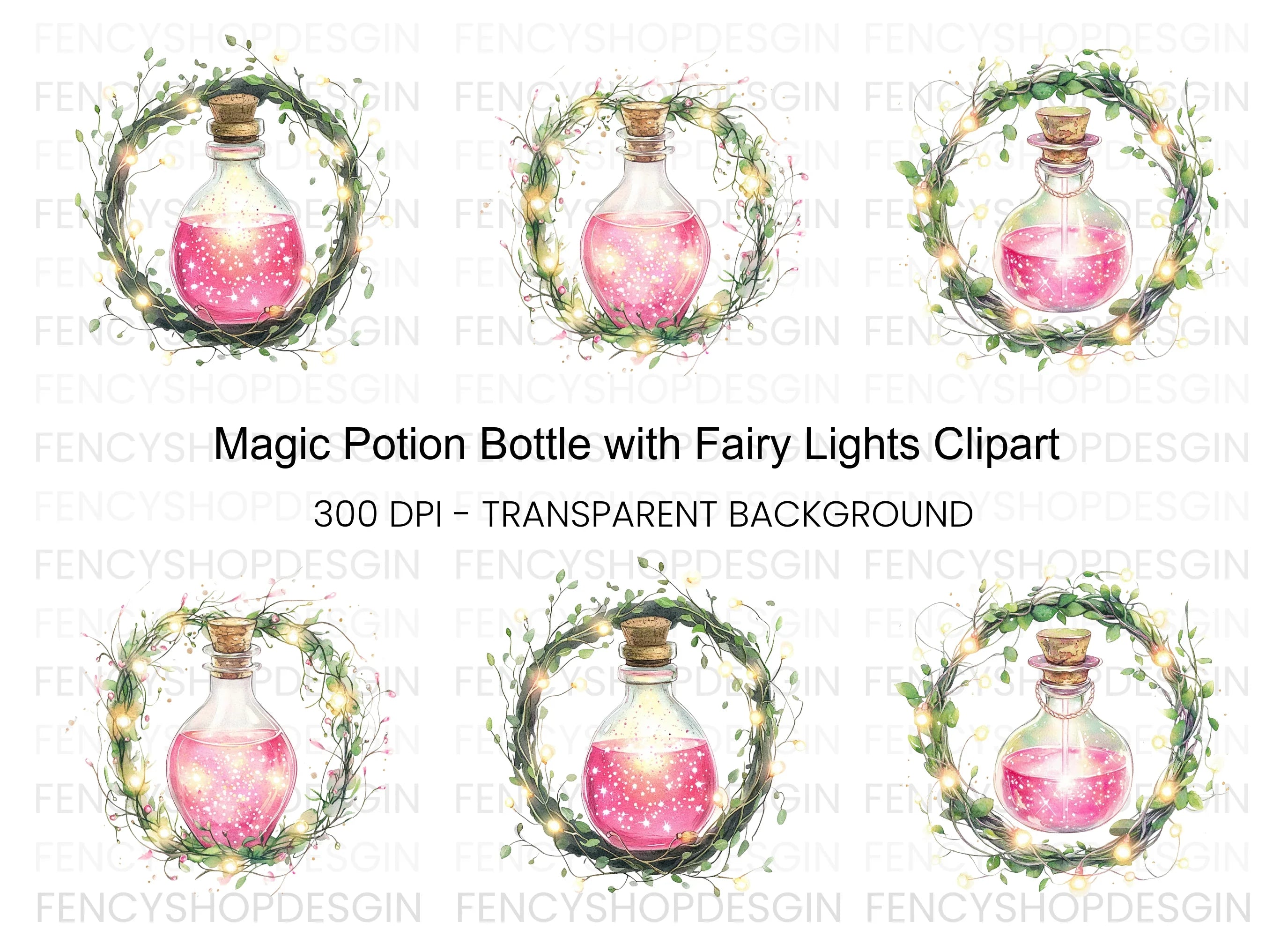 Magic Potion Bottles with Wreaths Clipart Bundle