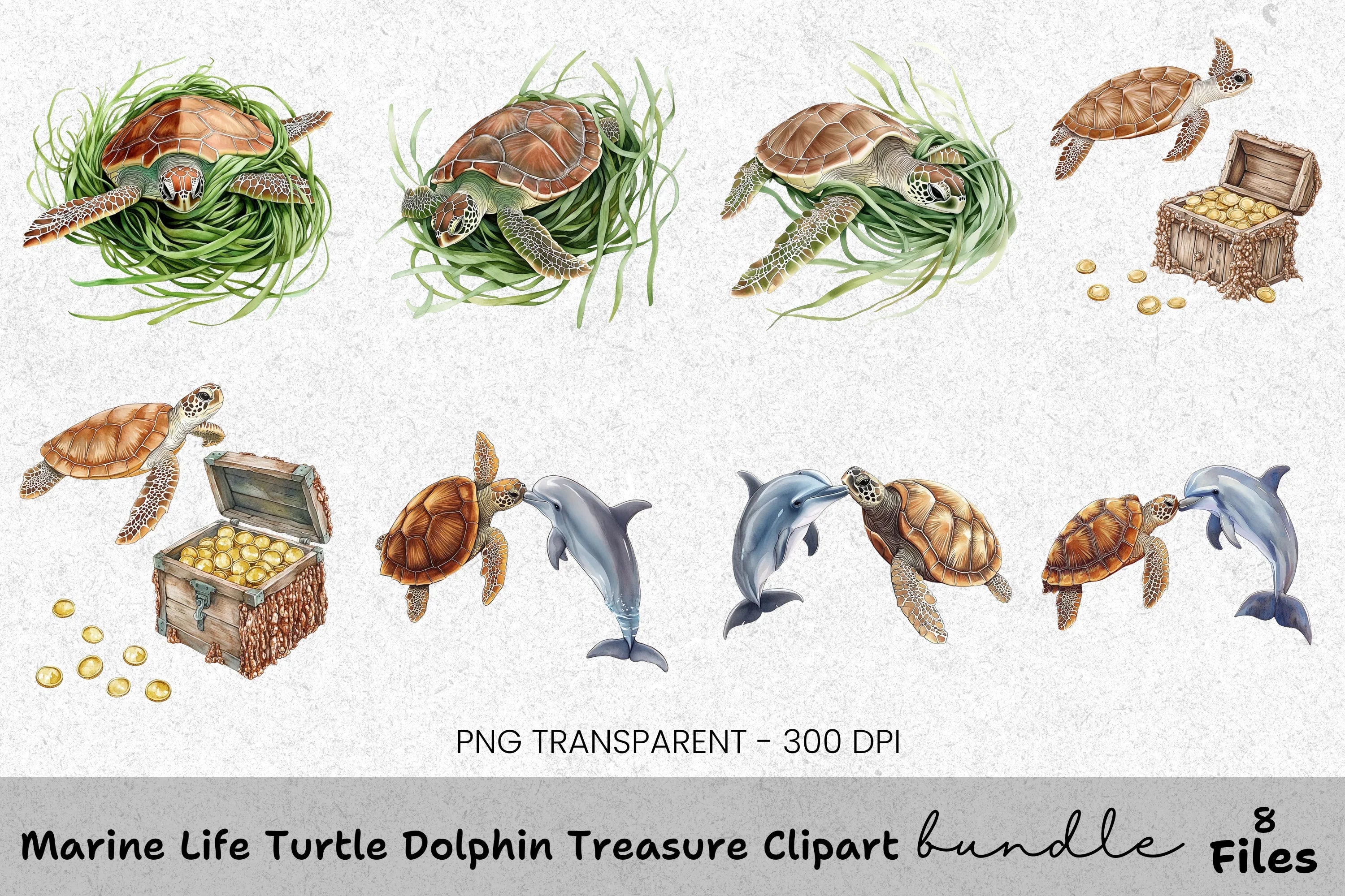 Marine Life Turtle and Dolphin Treasure Clipart Bundle