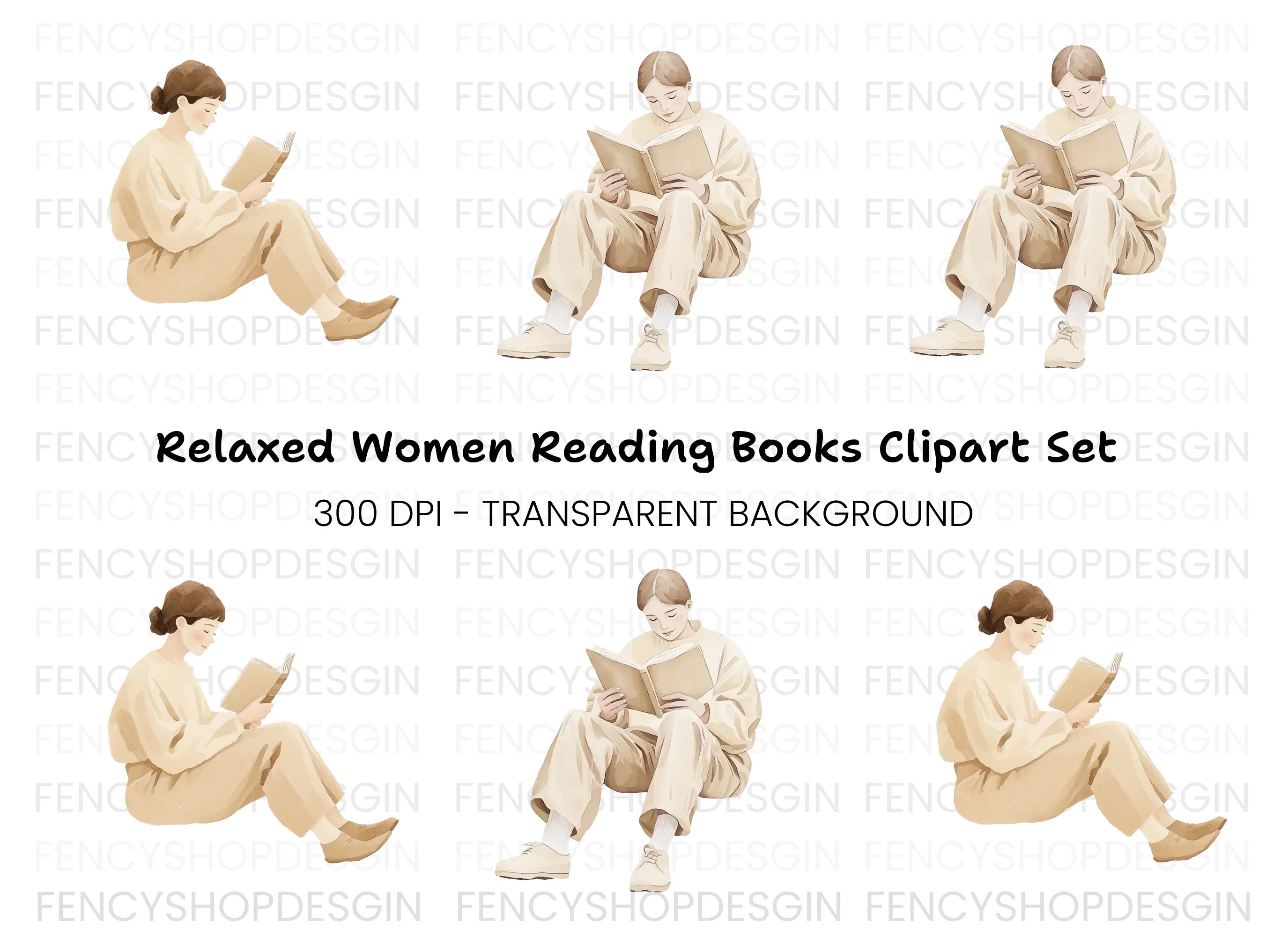 Young Woman Reading Book Clipart Bundle
