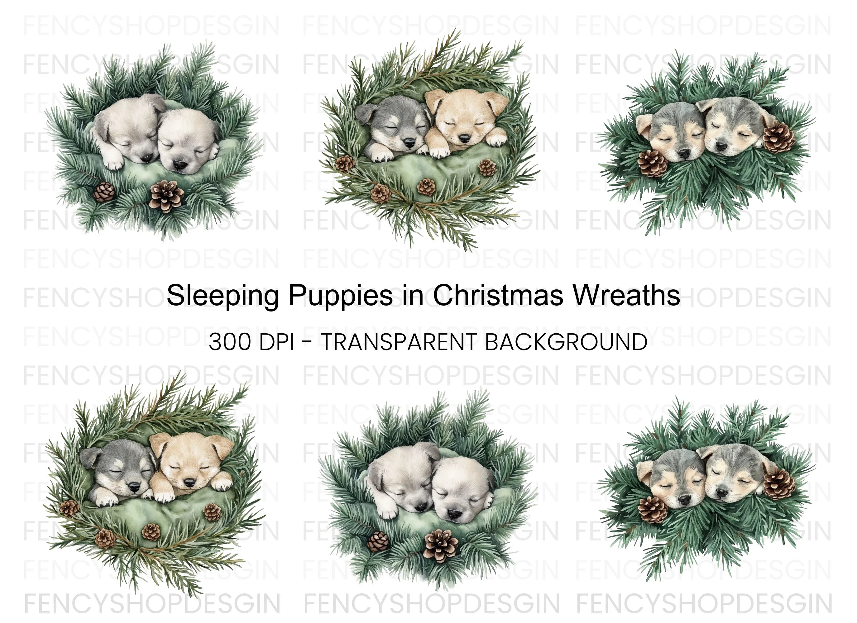 Sleeping Puppies in Festive Pine Wreaths Clipart Bundle