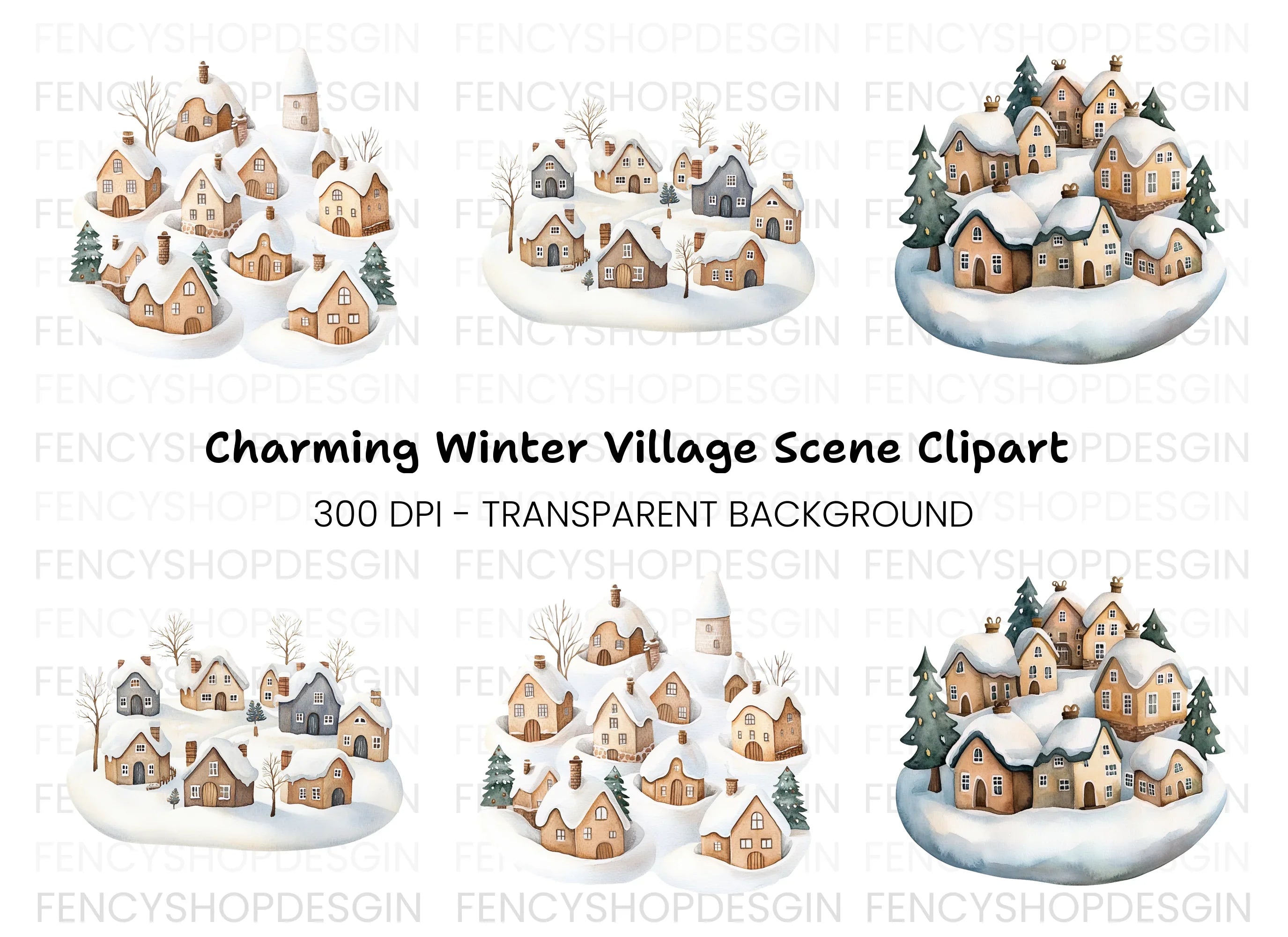 Snowy Village Landscape Clipart Bundle