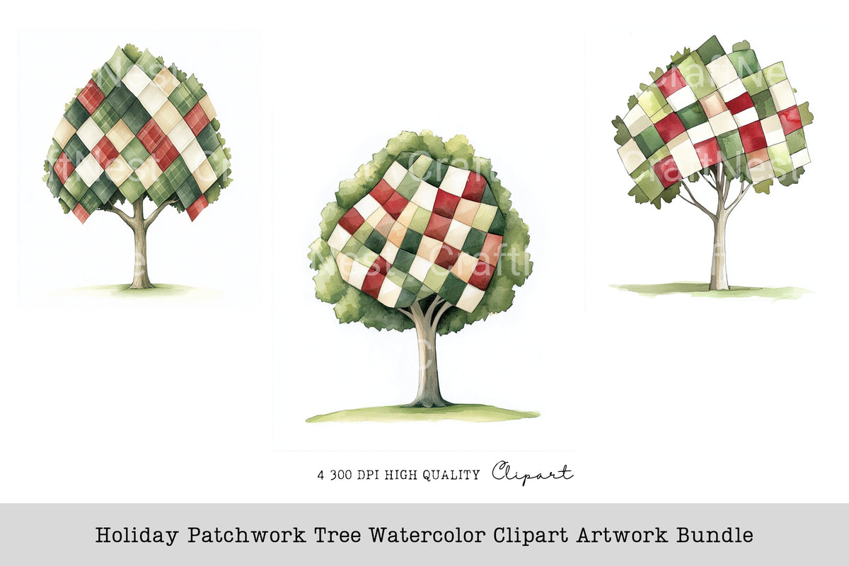 Holiday Patchwork Tree Artwork Clipart Bundle