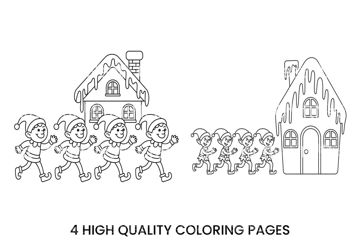 Christmas Elves and Snowy House Coloring Books