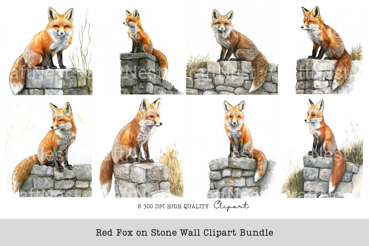 Red Fox On Stone Wall Clipart Bundle