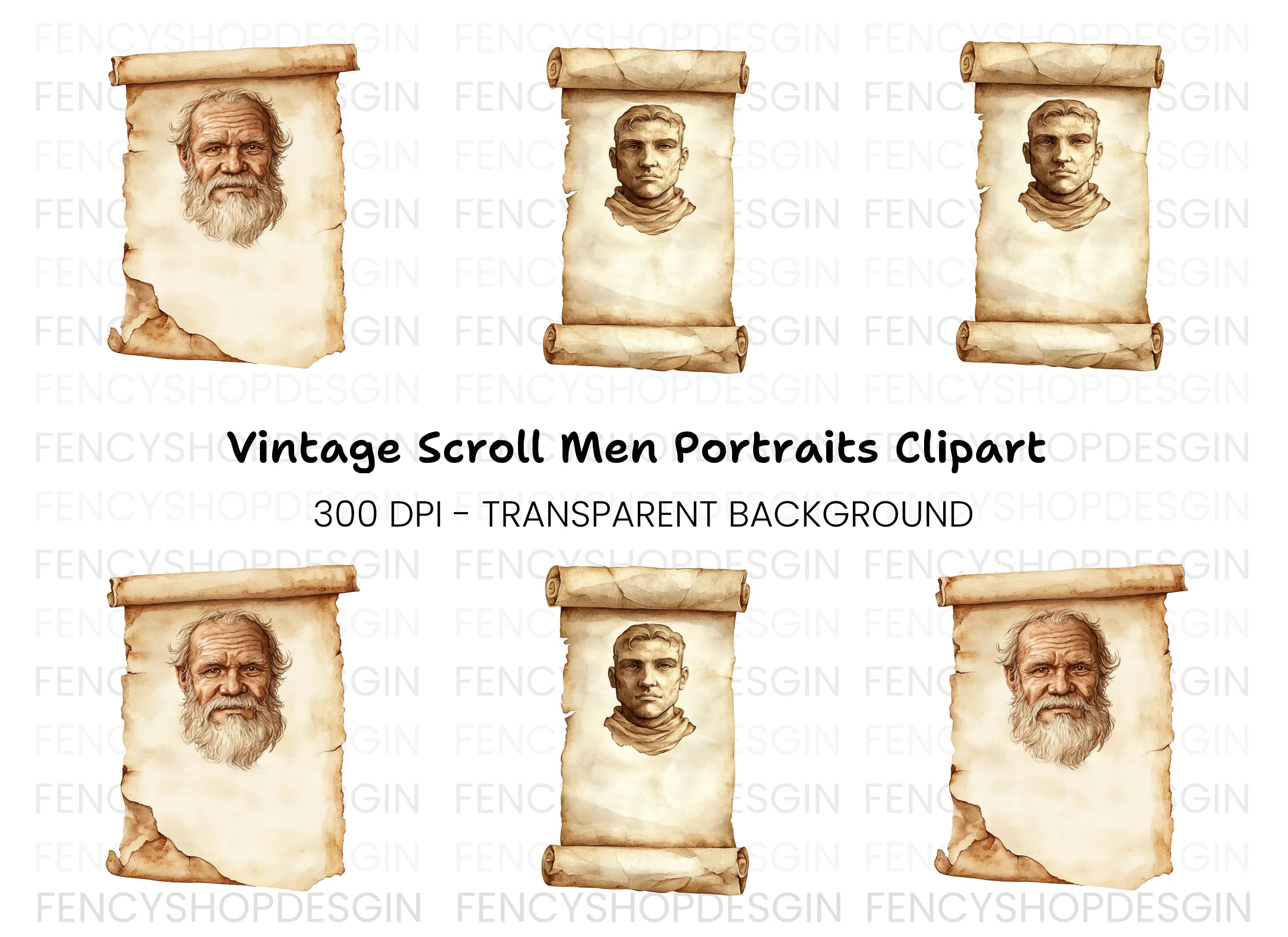 Historical Portraits on Old Scrolls Clipart Bundle