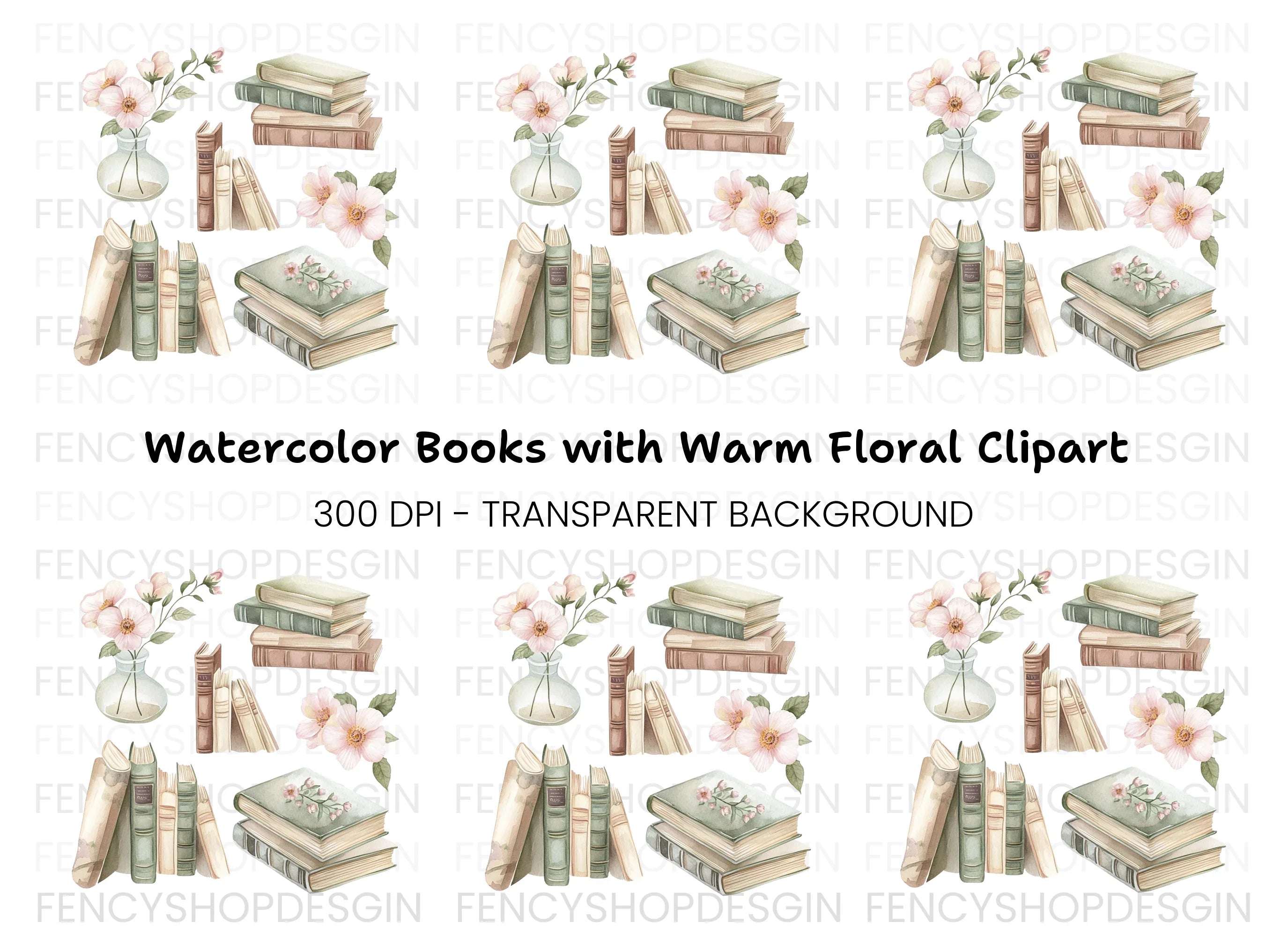 Vintage Books and Flowers Clipart Bundle