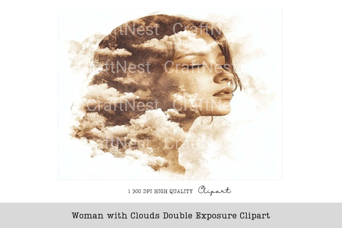 Woman With Clouds Double Exposure Clipart Bundle
