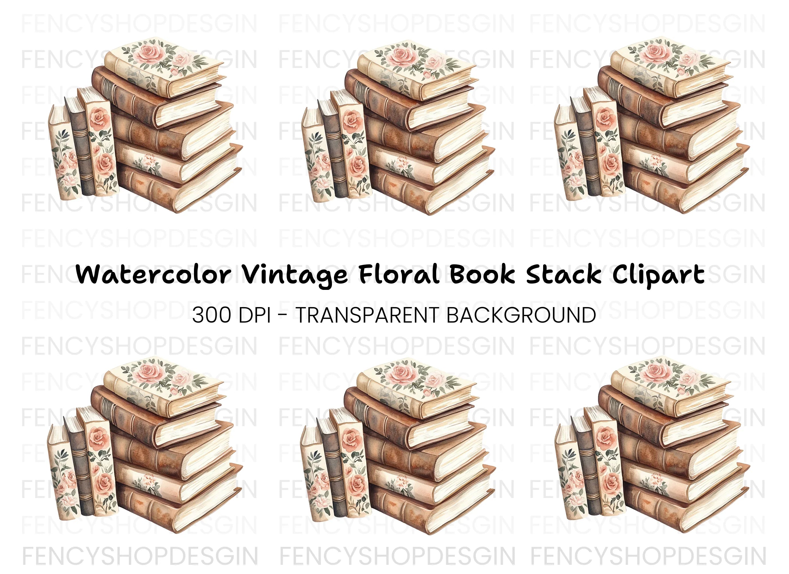 Stacked Books with Roses Clipart Bundle