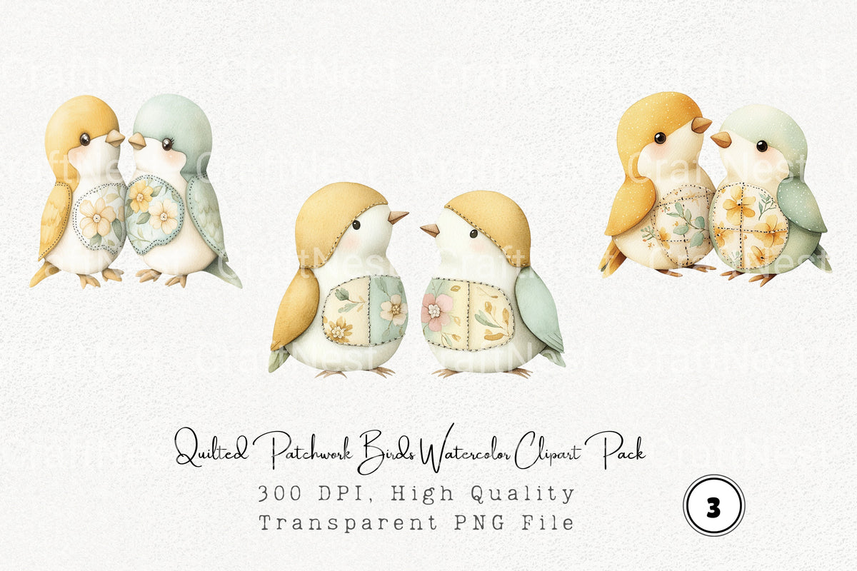 Quilted Patchwork Birds Clipart Bundle