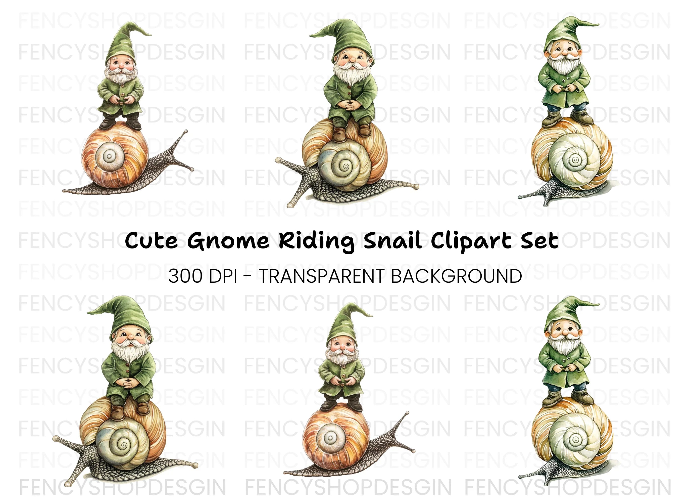 Green Hat Gnomes Riding Snails Clipart Bundle