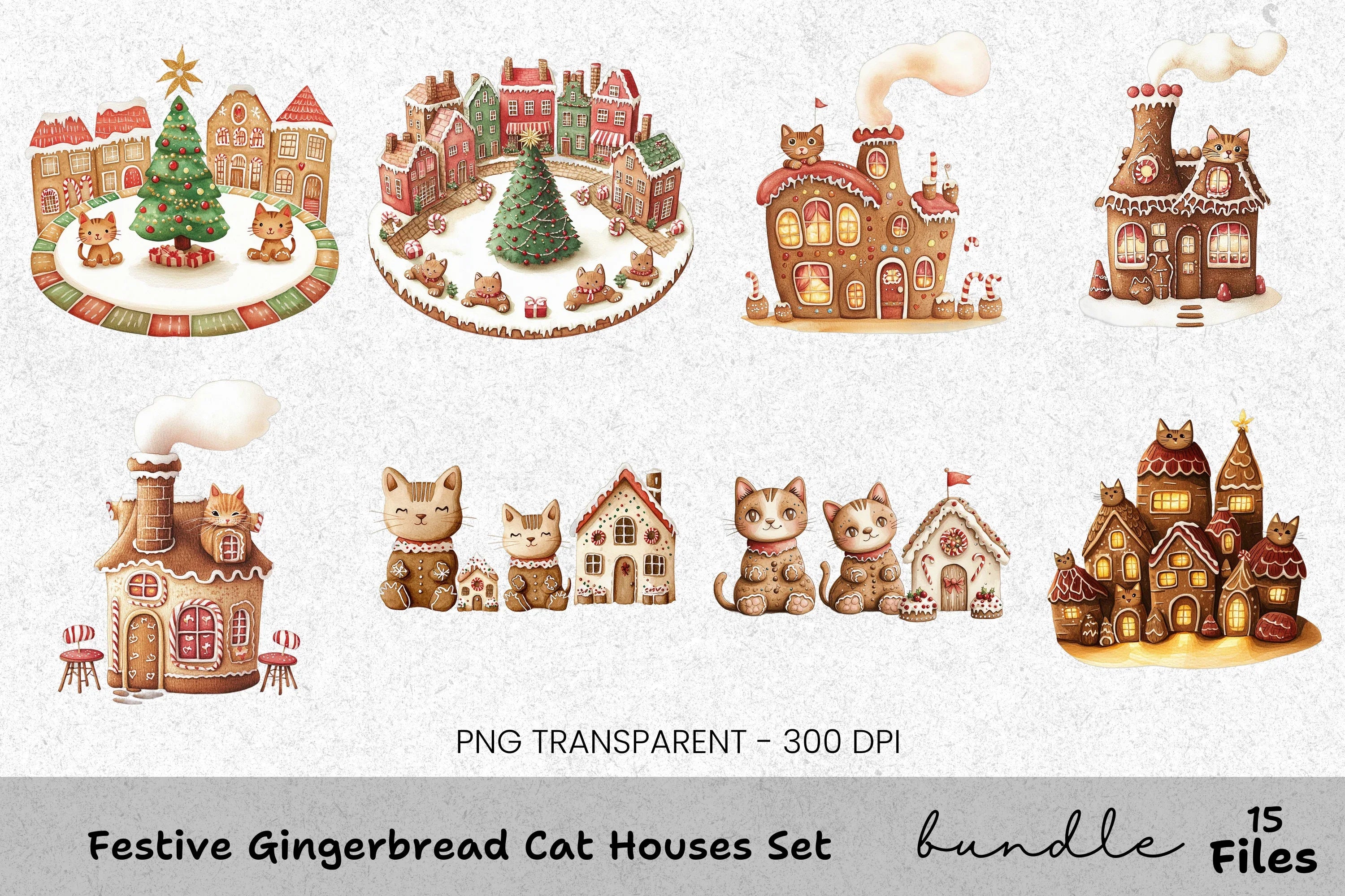 Gingerbread Cat Houses Christmas Clipart Bundle