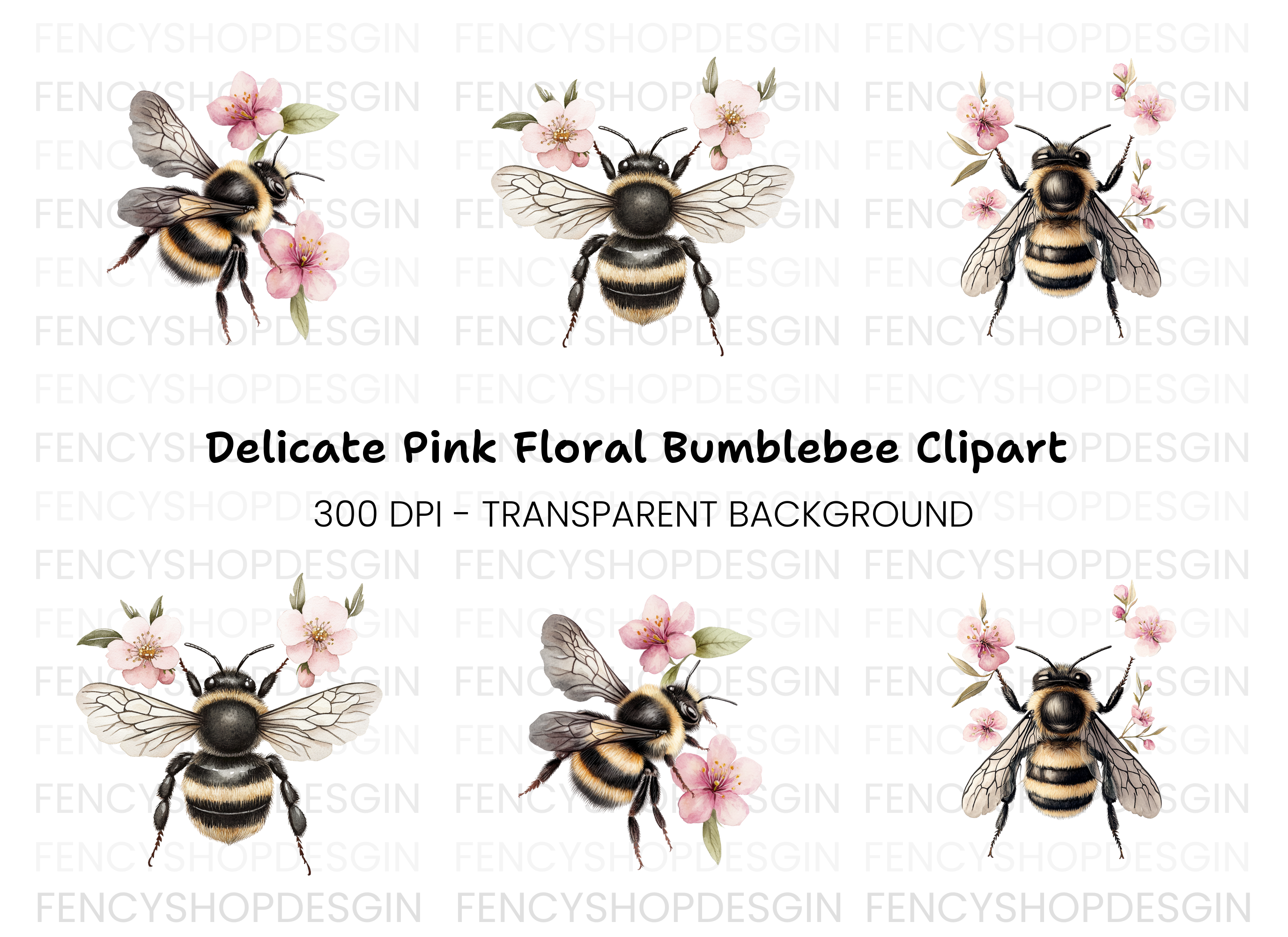 Bumblebee and Pink Flowers Clipart Bundle