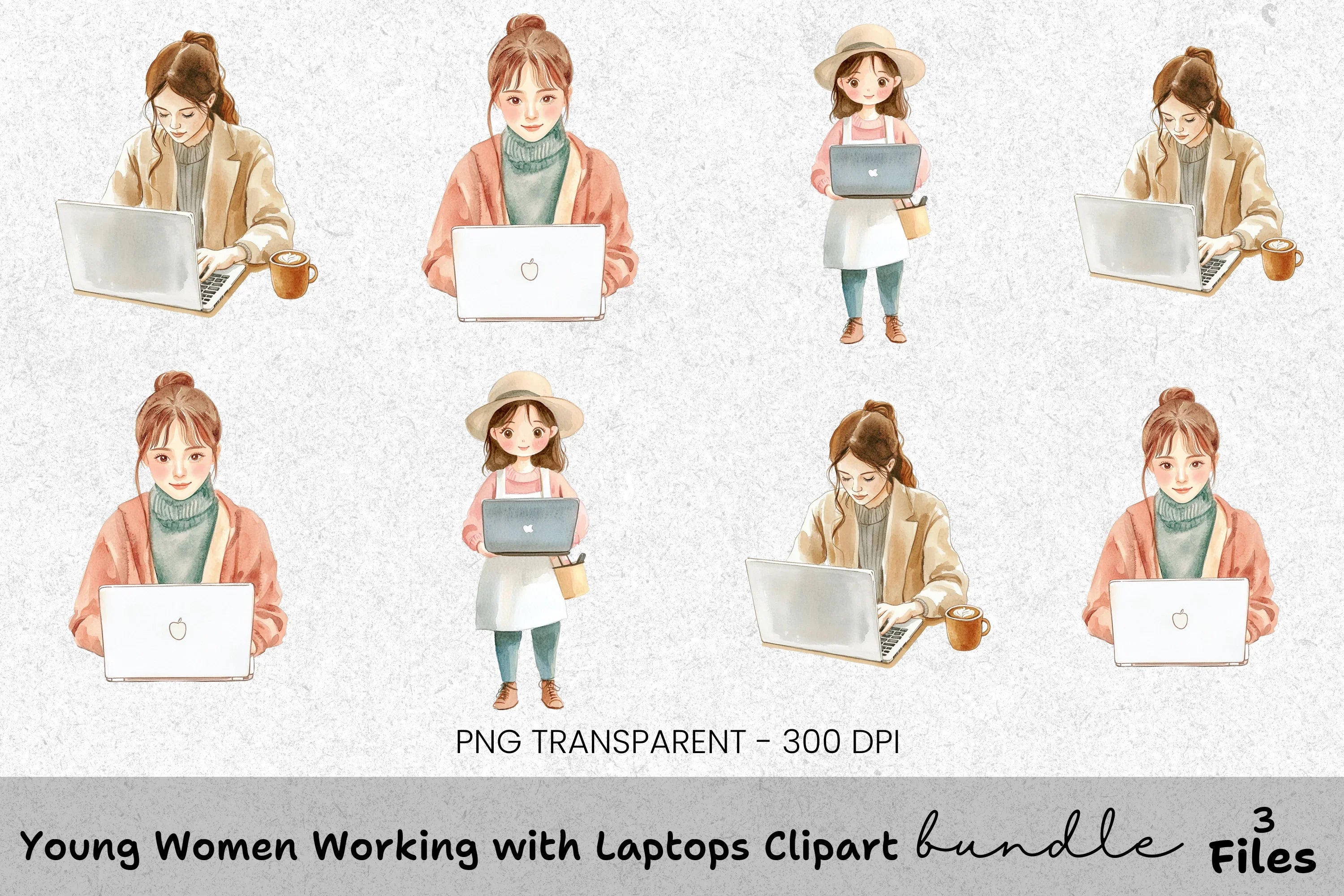 Young Women Working with Laptops Clipart Bundle