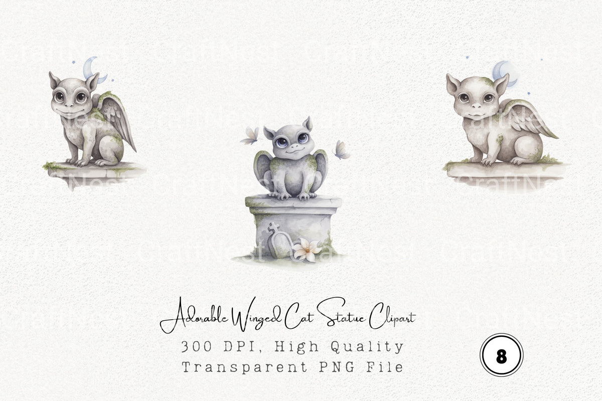 Adorable Winged Cat Statue Clipart Bundle
