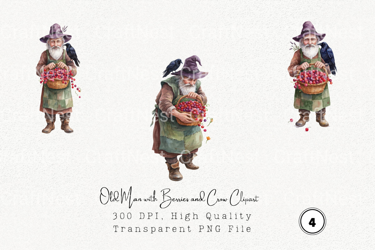 Old Man With Berries And Crow Clipart Bundle