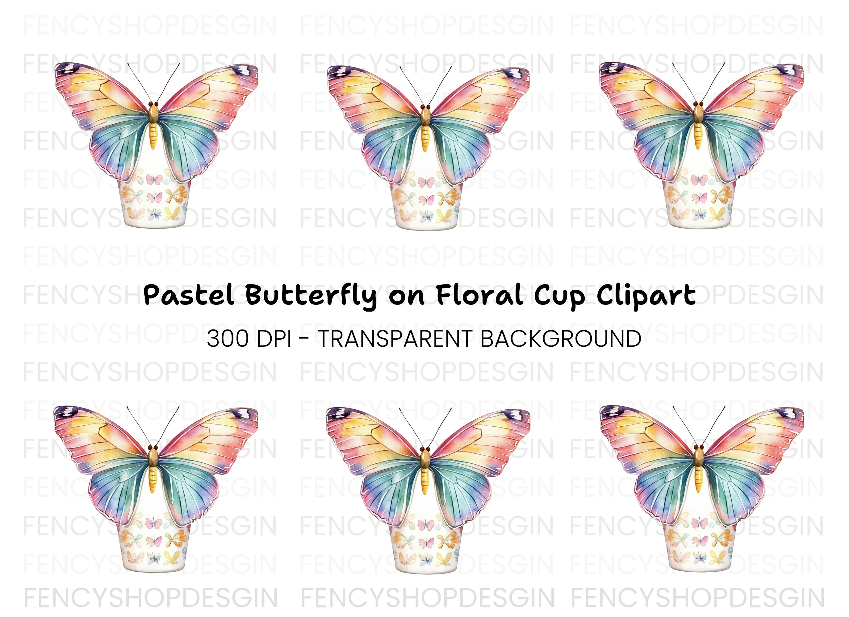 Rainbow Butterfly Floral Cup Clipart Bundle