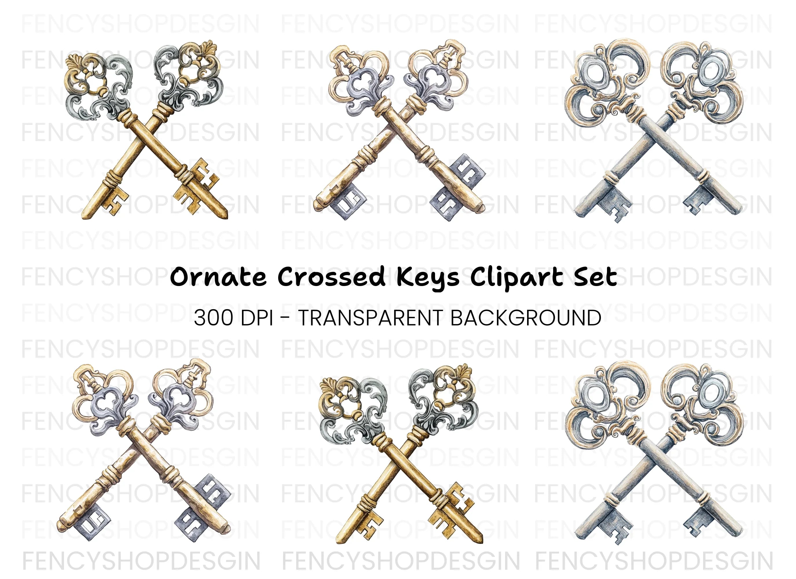 Vintage Crossed Skeleton Keys Clipart Bundle