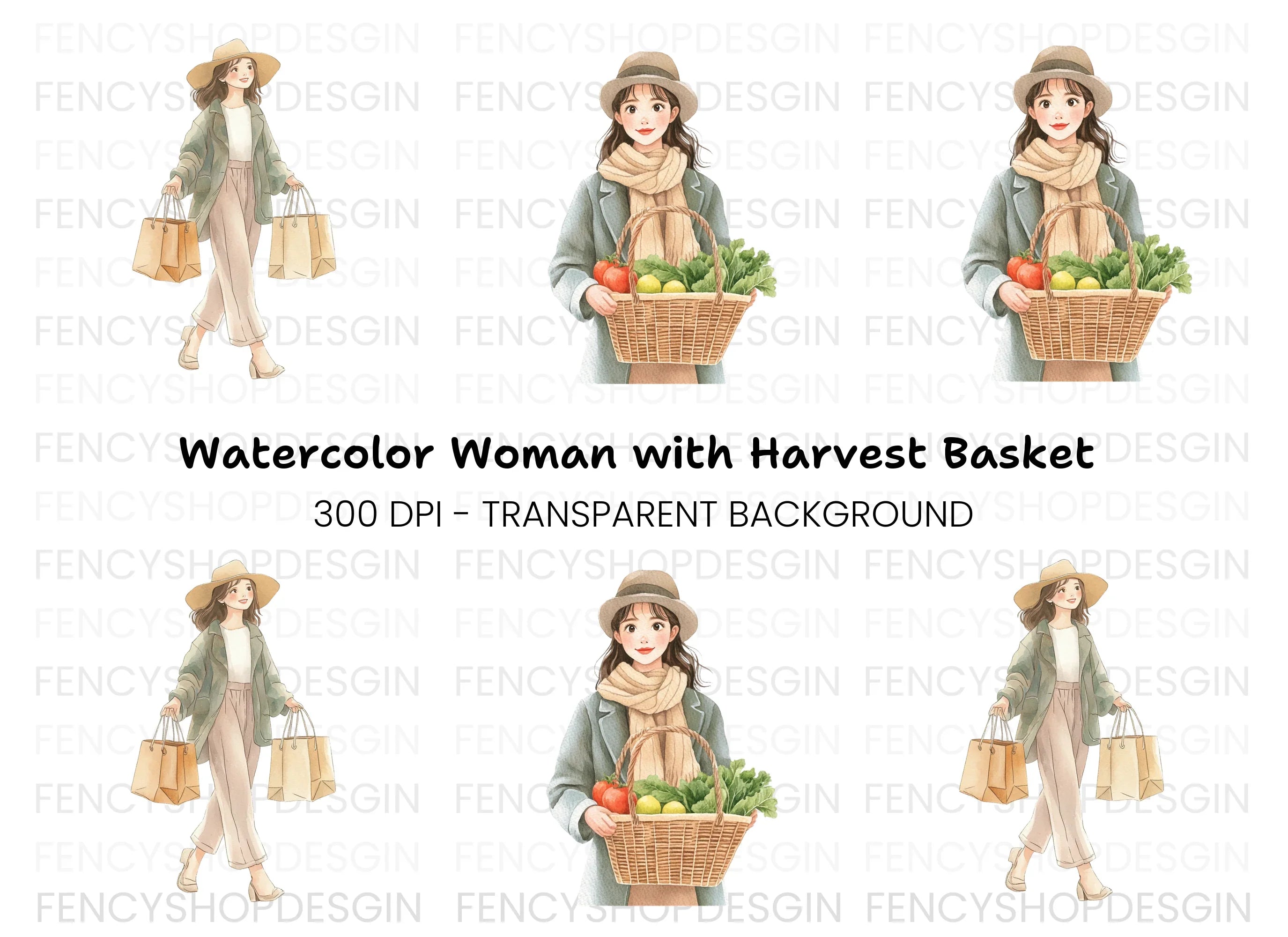 Women Shopping and Basket Clipart Bundle