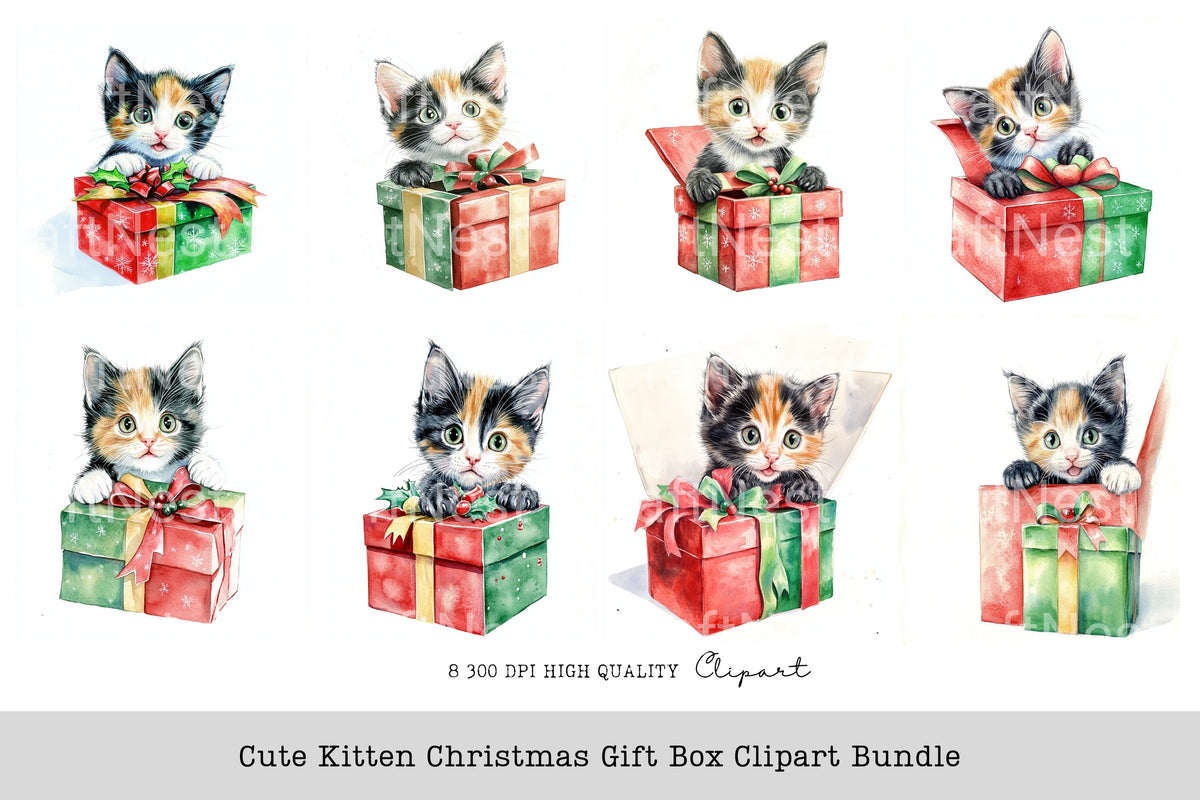 Cute Kitten Christmas Gift Box Clipart Bundle