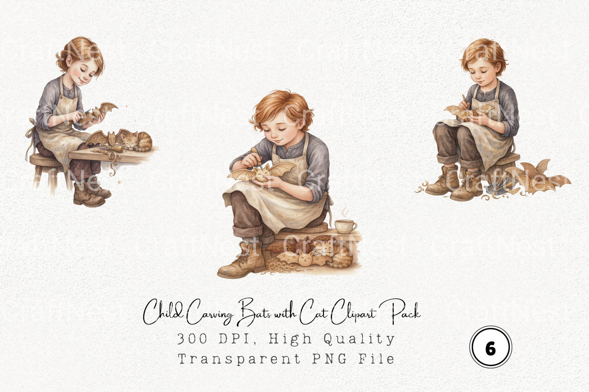 Child Carving Bats With Cat Clipart Bundle