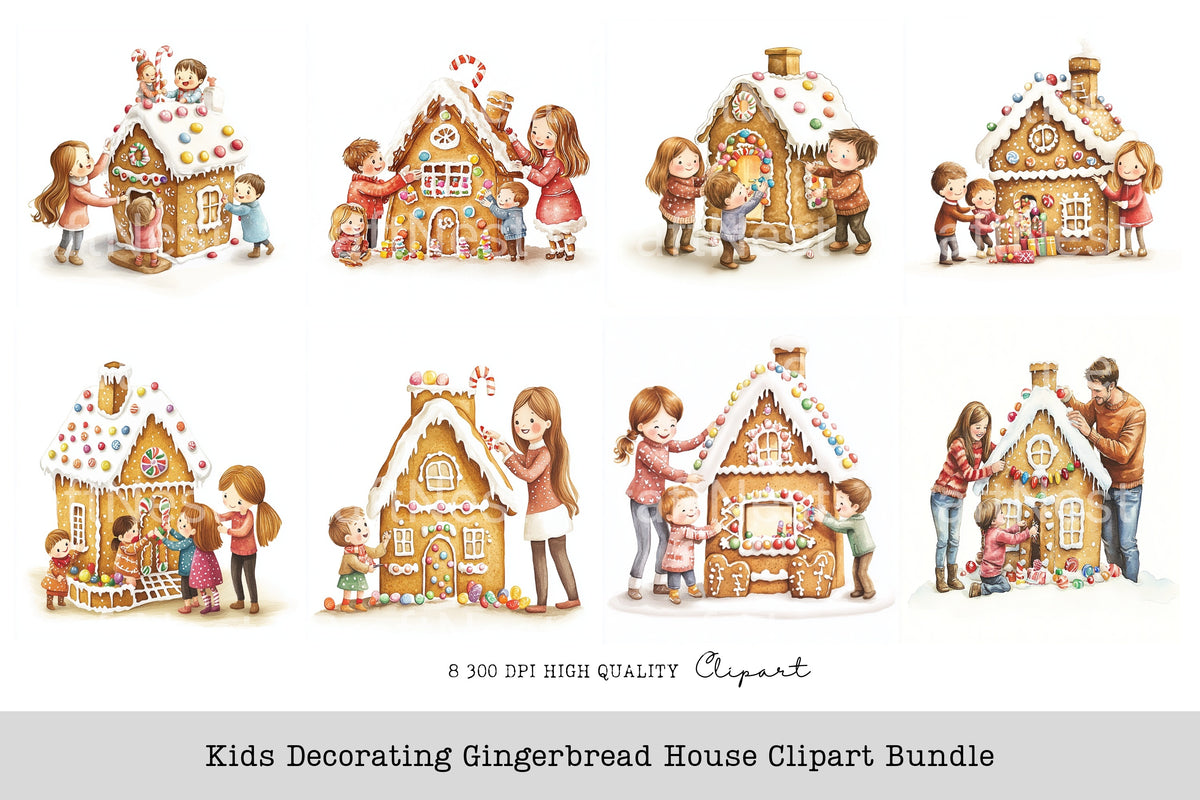 Kids Decorating Gingerbread House Clipart Bundle