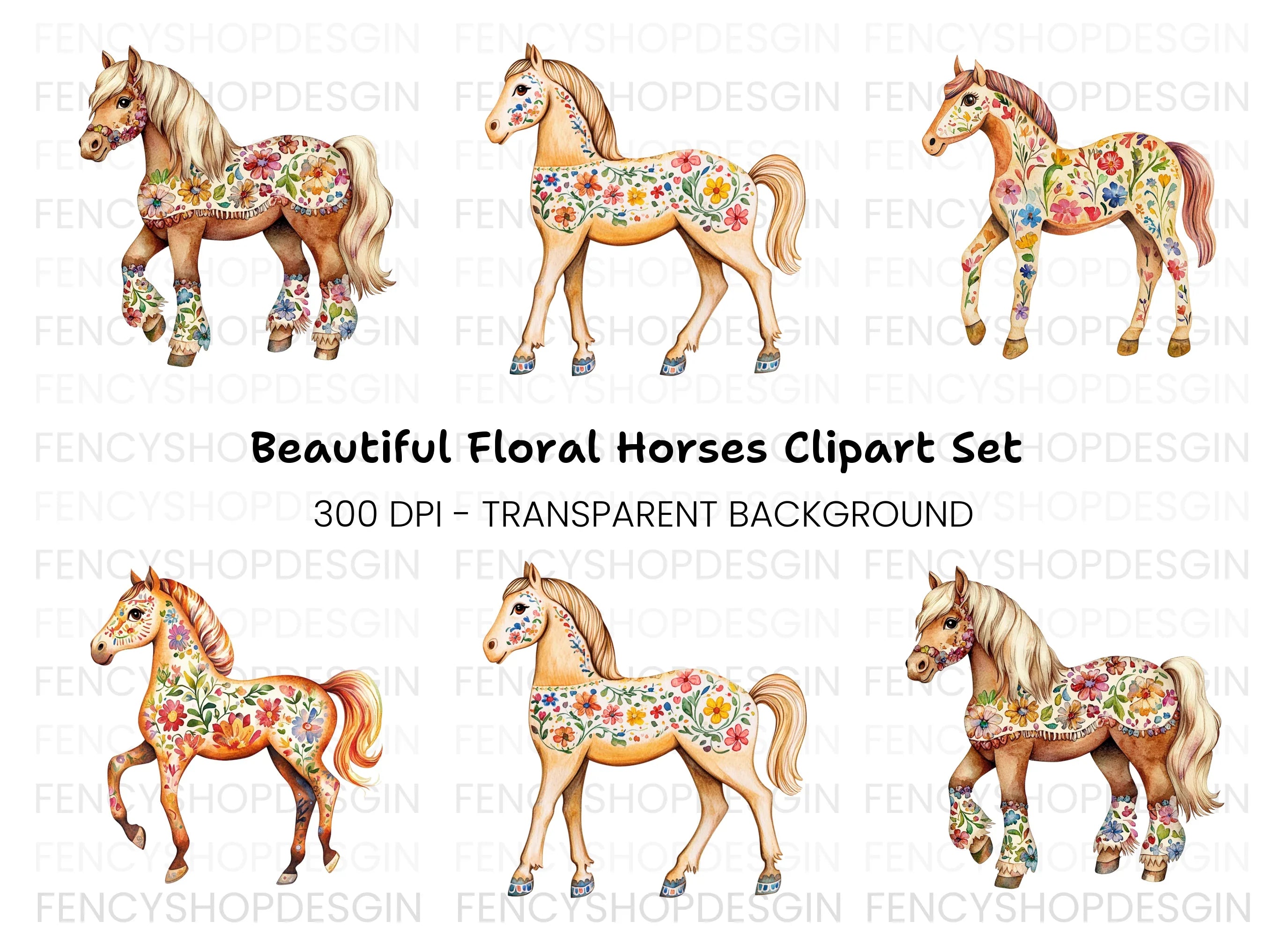 Floral Decorated Horses Clipart Bundle