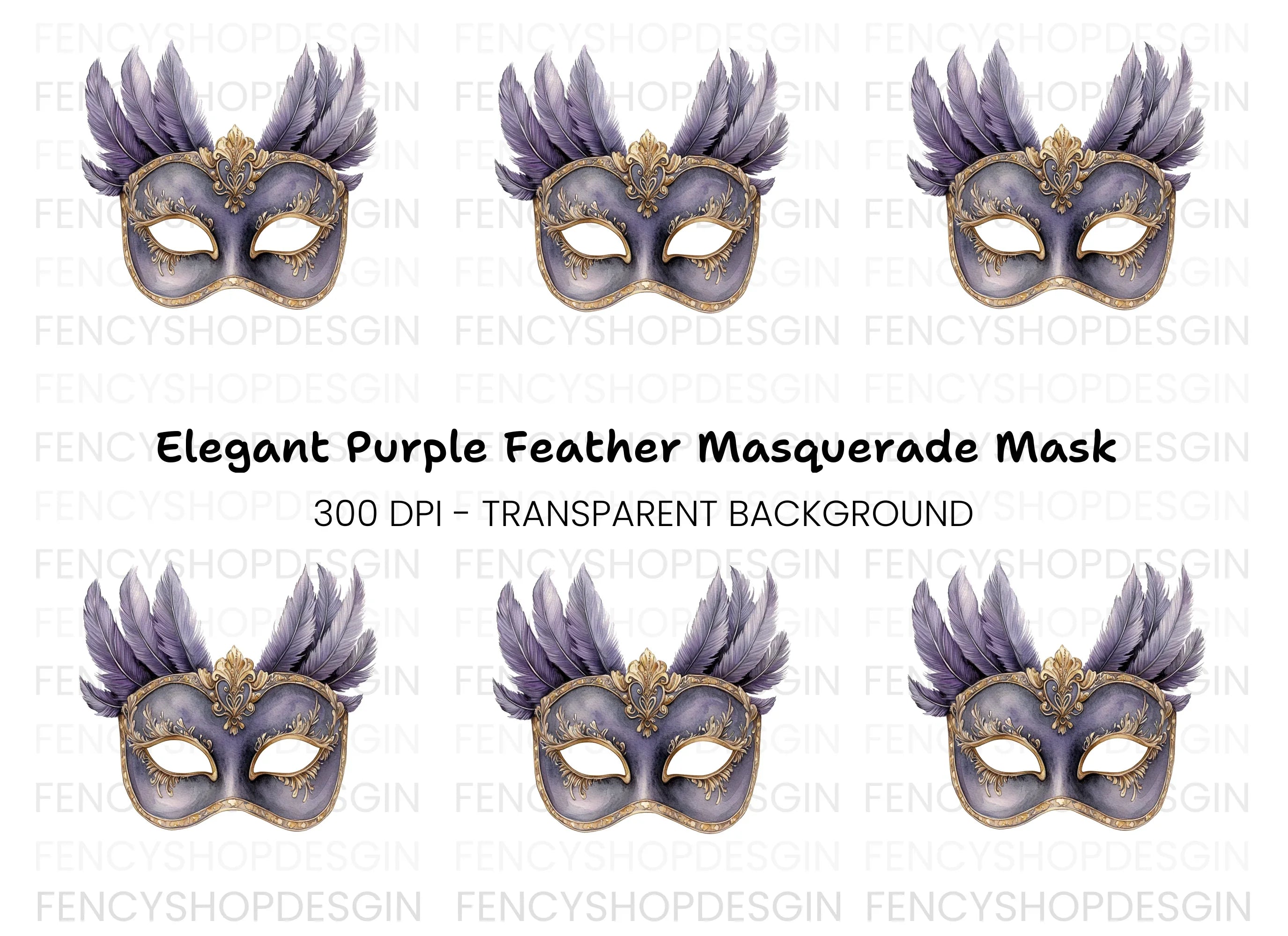 Elegant Purple Feathered Masquerade Mask Clipart Bundle