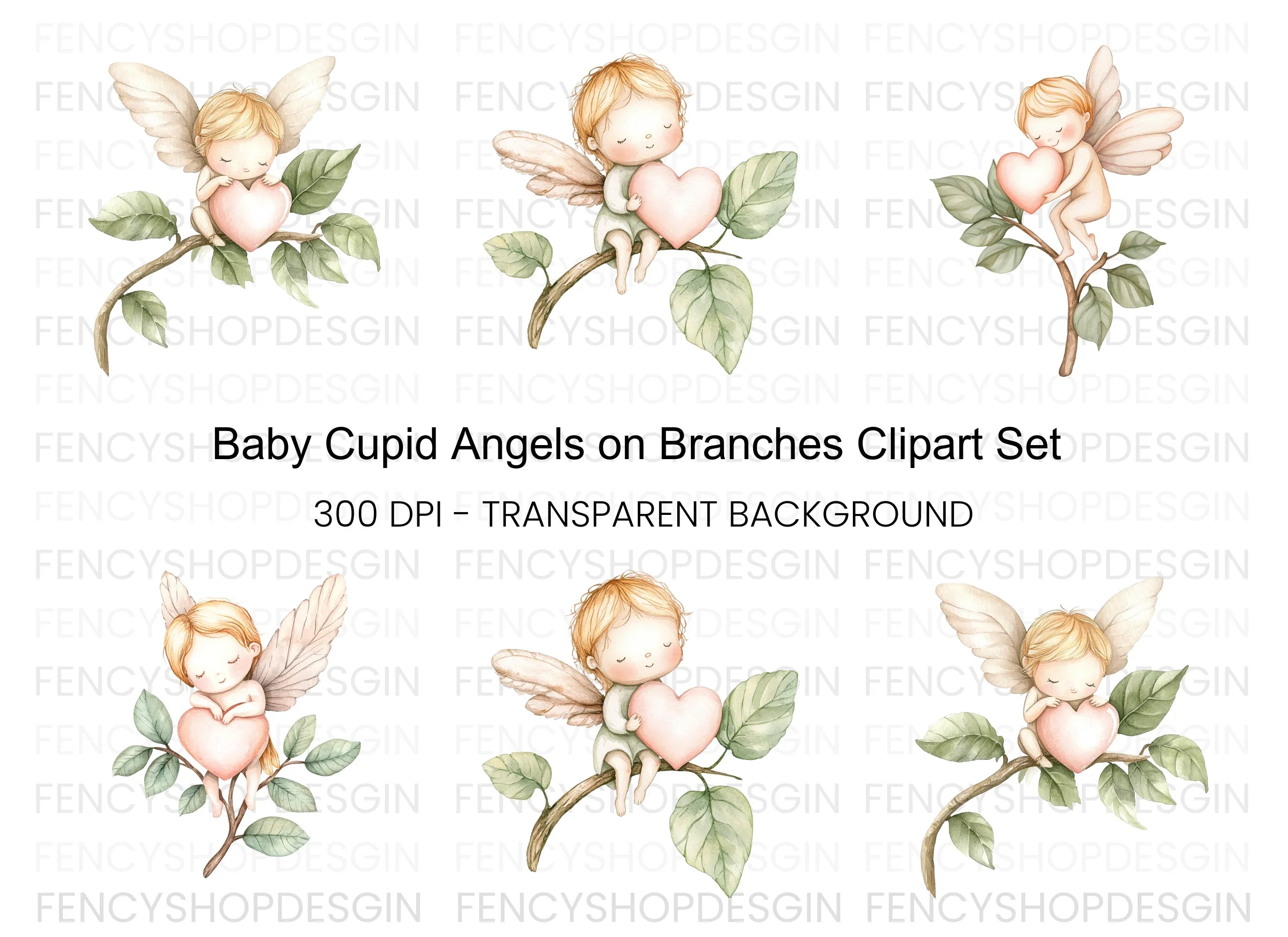 Baby Angels on Branches with Hearts Clipart Bundle