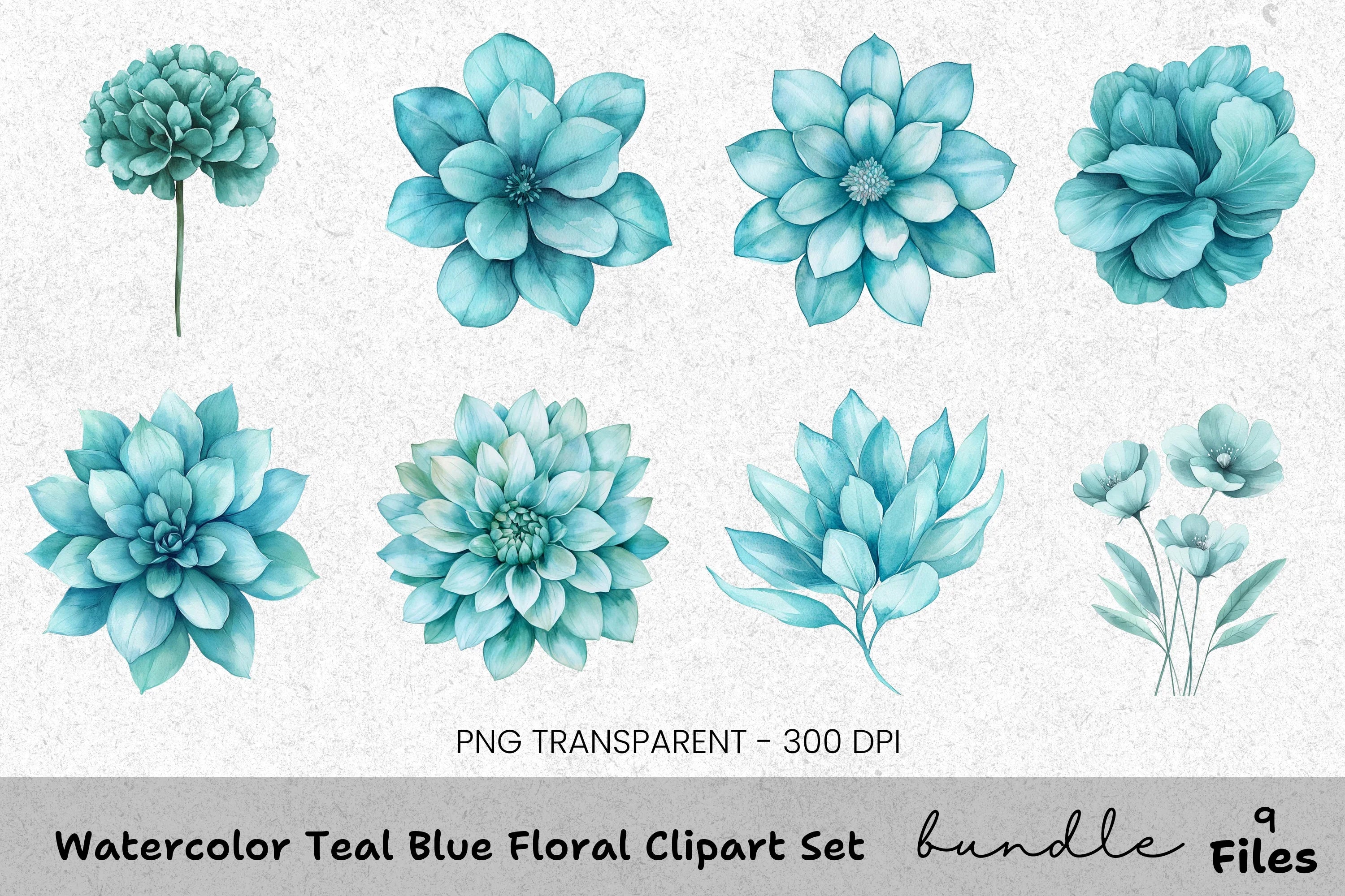 Teal Blue Floral Clipart Bundle