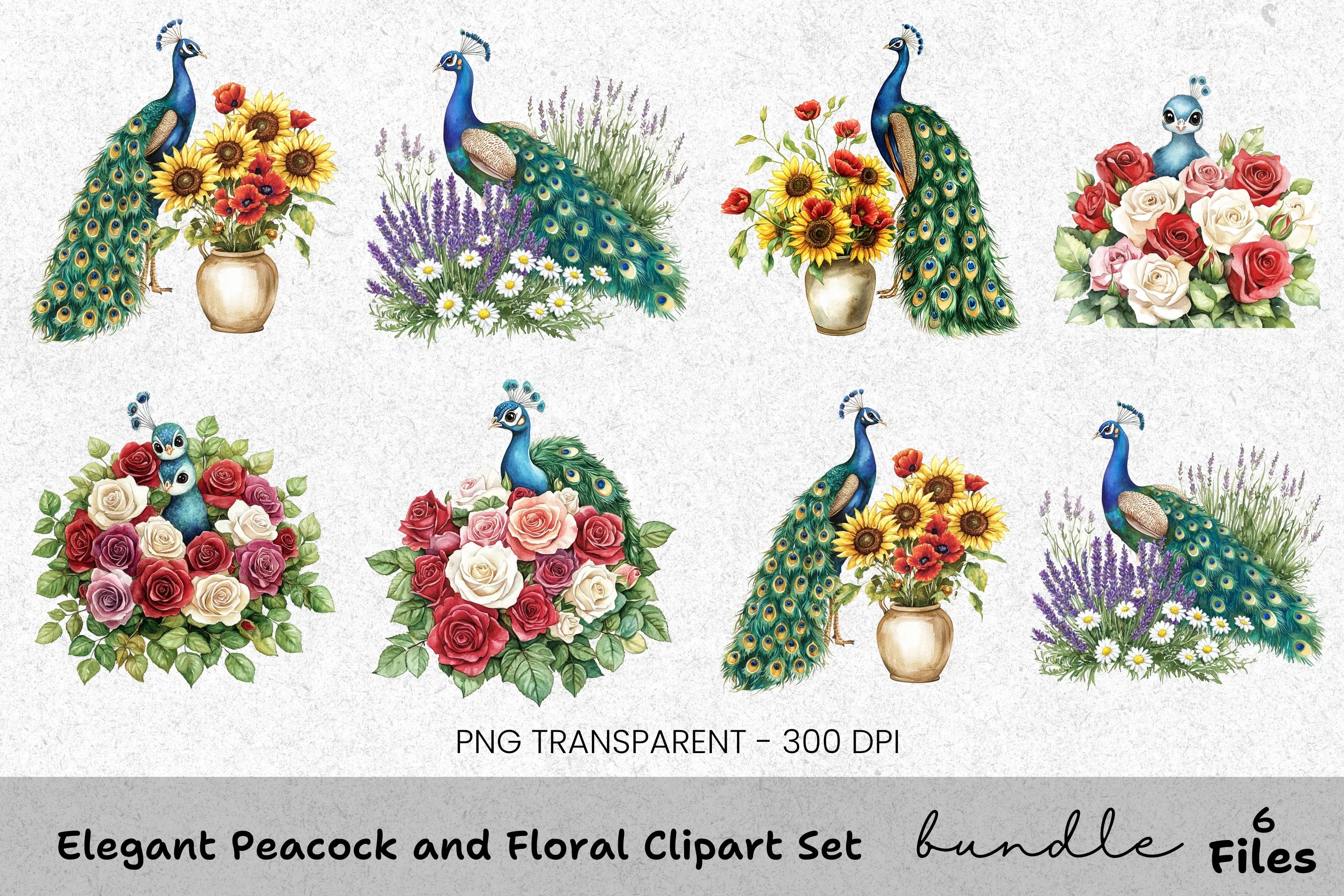 Elegant Peacock and Floral Clipart Bundle