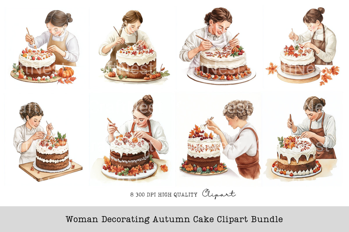 Woman Decorating Autumn Cake Clipart Bundle