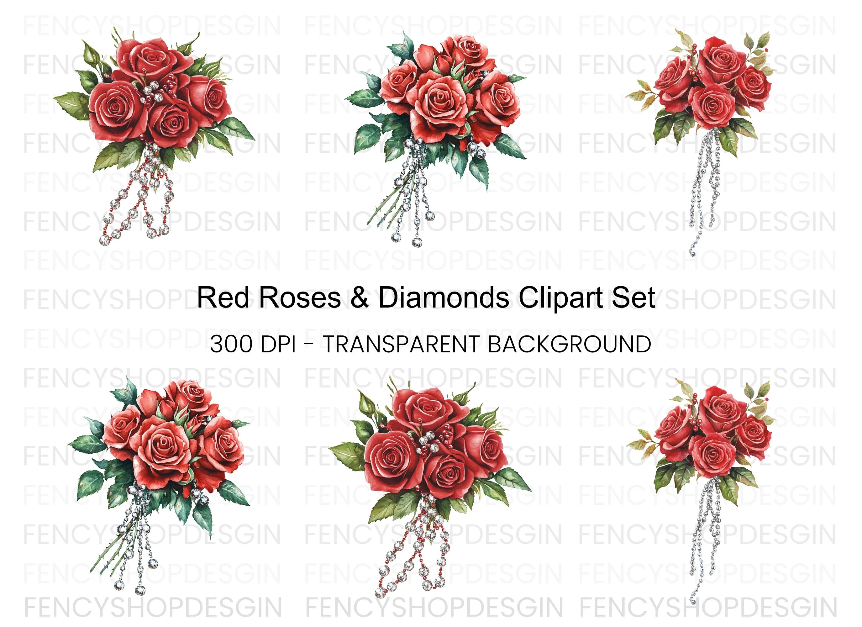 Red Rose Bouquets with Diamond Accents Clipart Bundle