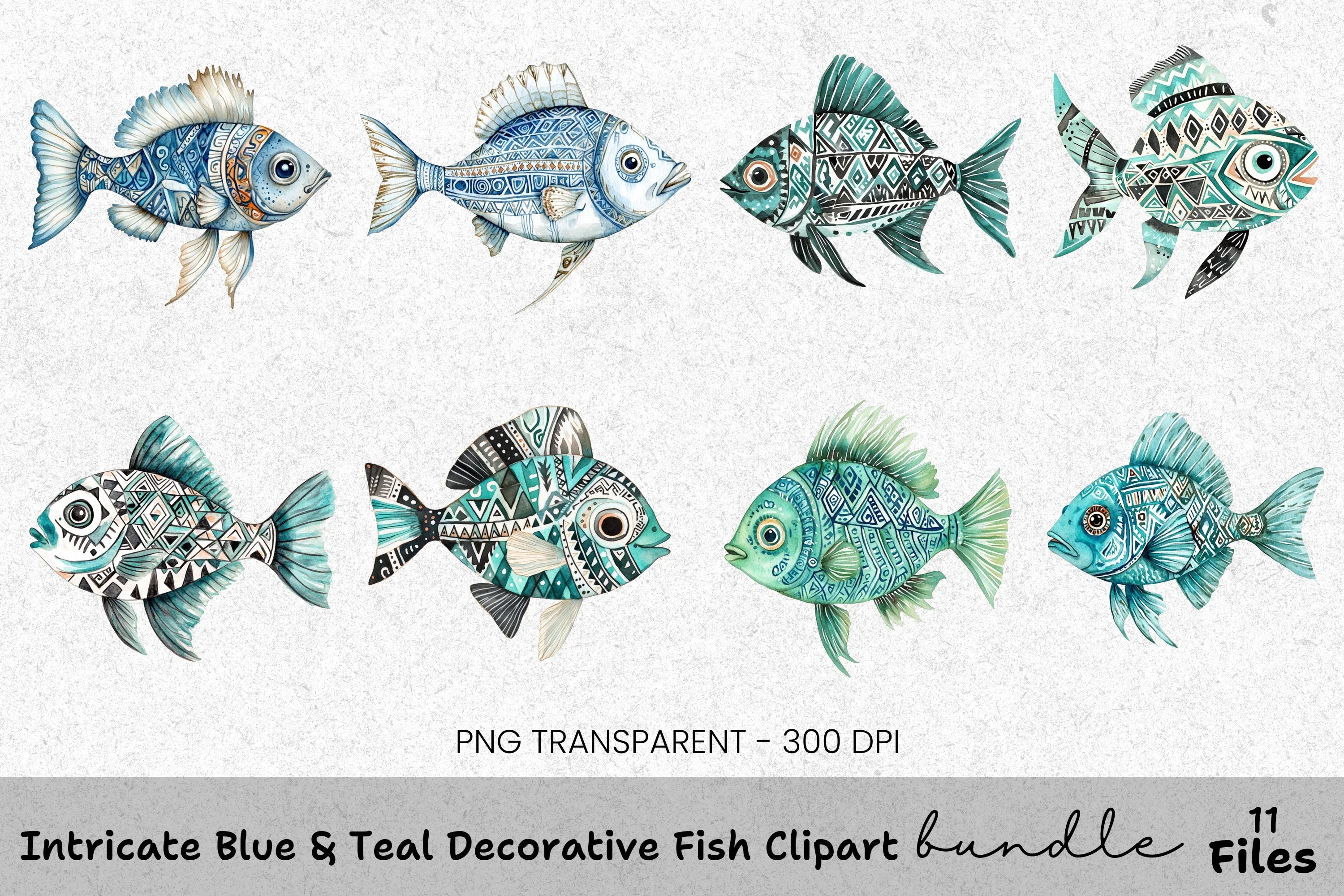 Intricate Blue Teal Decorative Fish Clipart Bundle