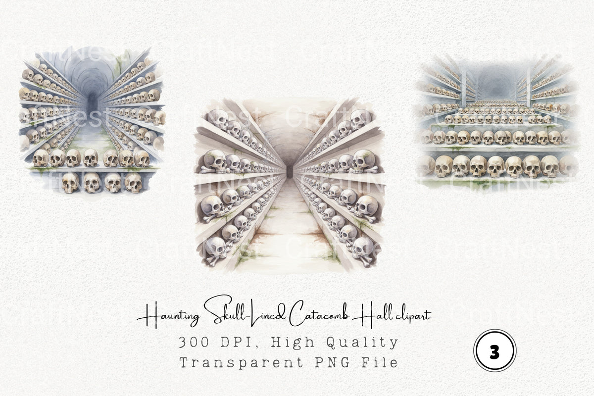 Haunting Skull Lined Catacomb Hall Clipart Bundle
