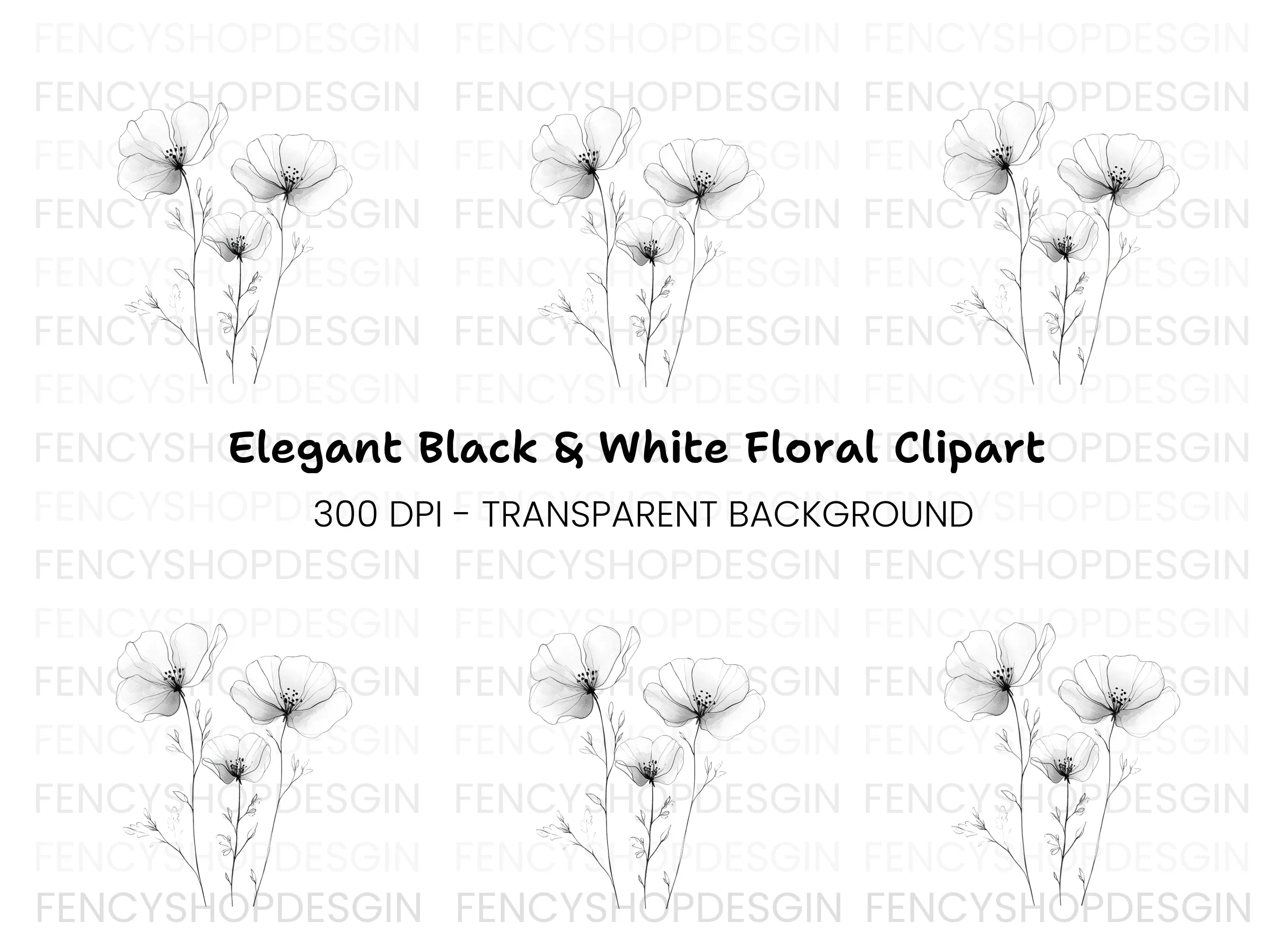 Elegant Black and White Floral Clipart Bundle